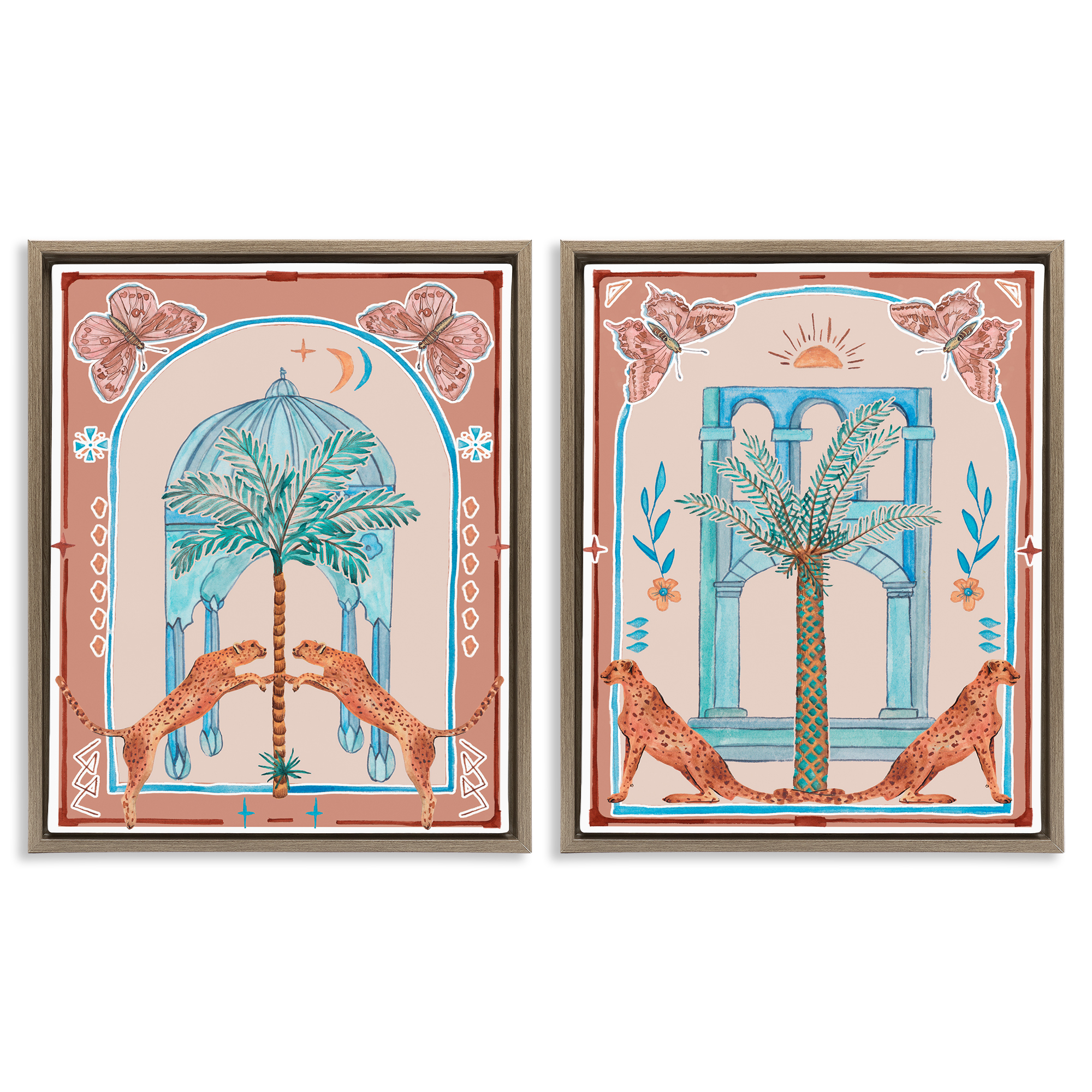 Stupell Industries Doorway Cheetah Palms Buildings & Architecture Painting Brown Floater Framed Canvas Art Print Wall Art, 17 x 21, Set of 2