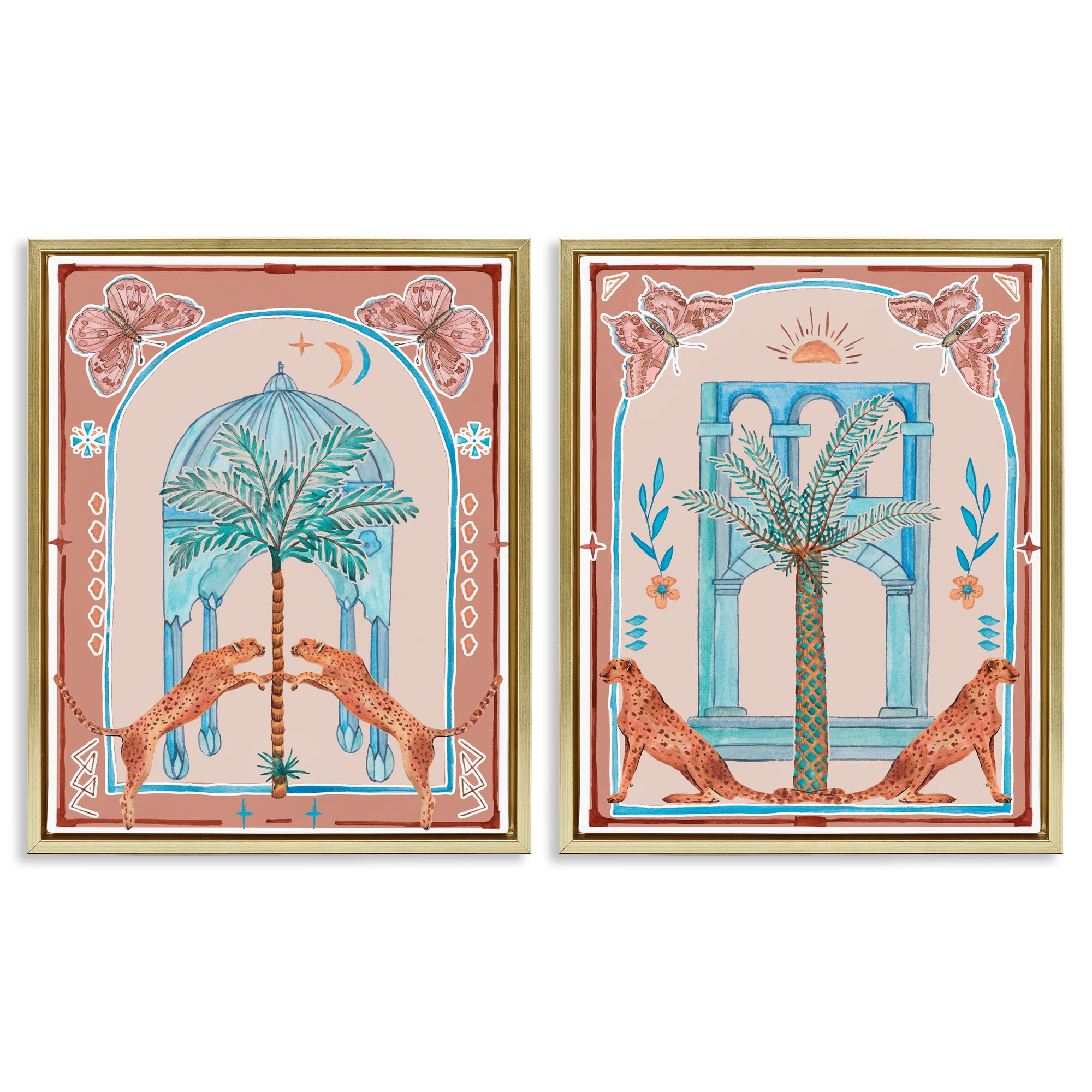 Stupell Industries Doorway Cheetah Palms Buildings & Architecture Painting Gold Floater Framed Canvas Art Print Wall Art, 17 x 21, Set of 2
