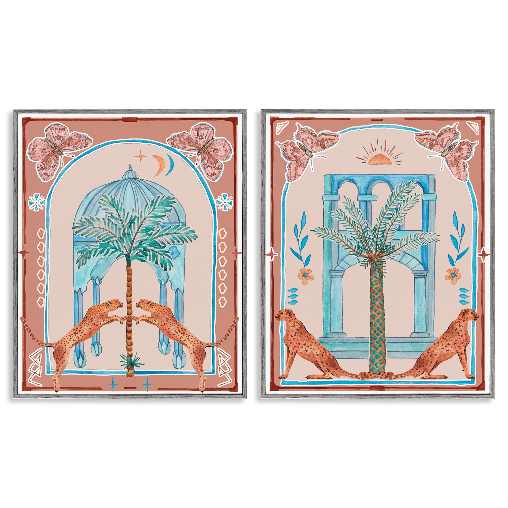 Stupell Industries Doorway Cheetah Palms Buildings & Architecture Painting Gray Framed Art Print Wall Art, 16 x 20, Set of 2