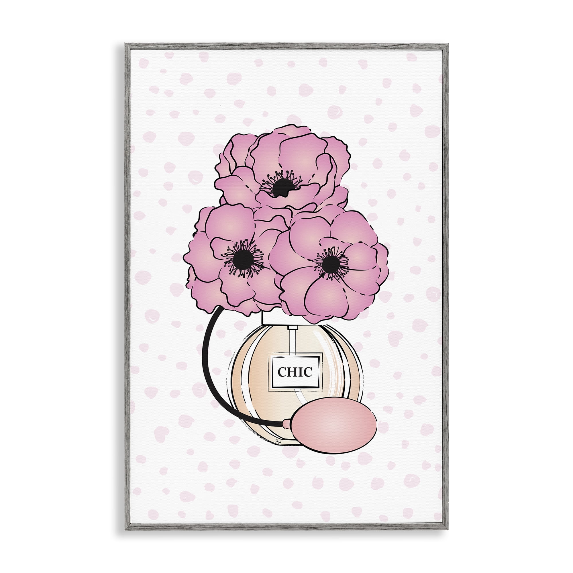Stupell Industries Dotted Floral Perfume Fashion Painting Gray Framed Art Print Wall Art, 12 x 18