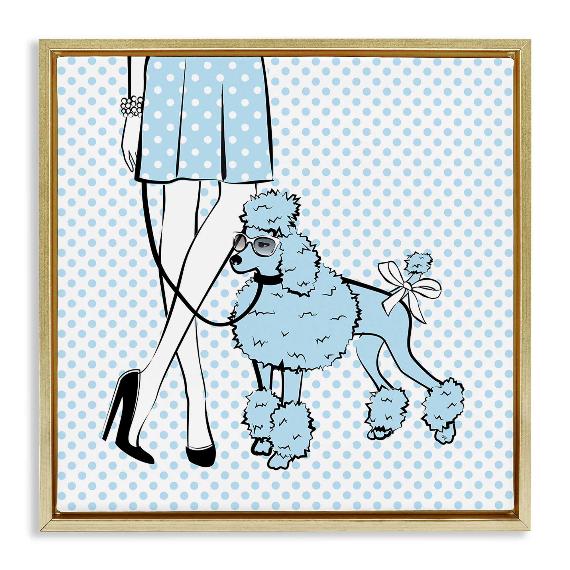 Stupell Industries Dotted Girl & Poodle Novelty Painting Gold Floater Framed Art Print Wall Art, 18 x 18