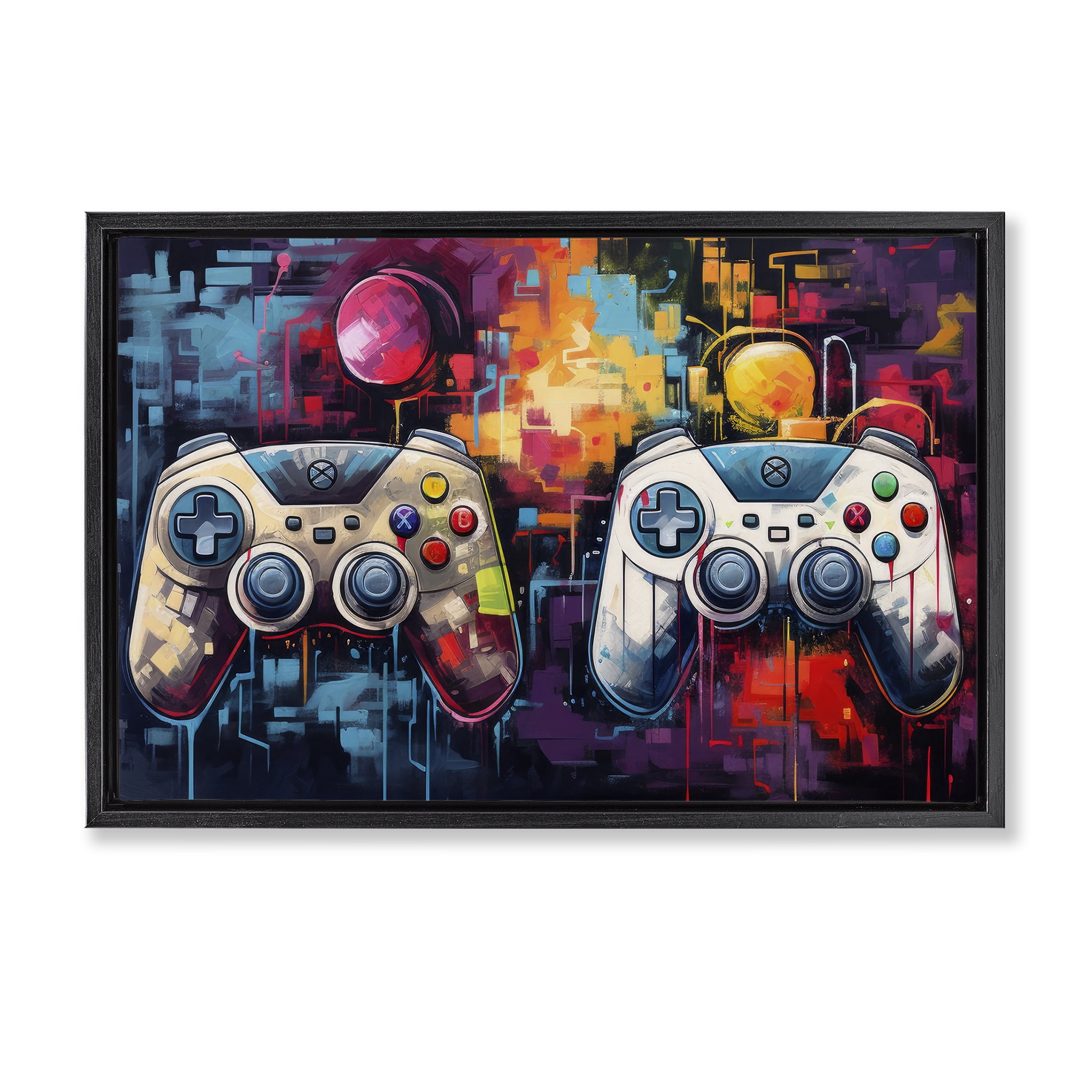 Stupell Industries Double Controller Modern Gamer Black Framed Floater Canvas Wall Art, design by Lazar Studio