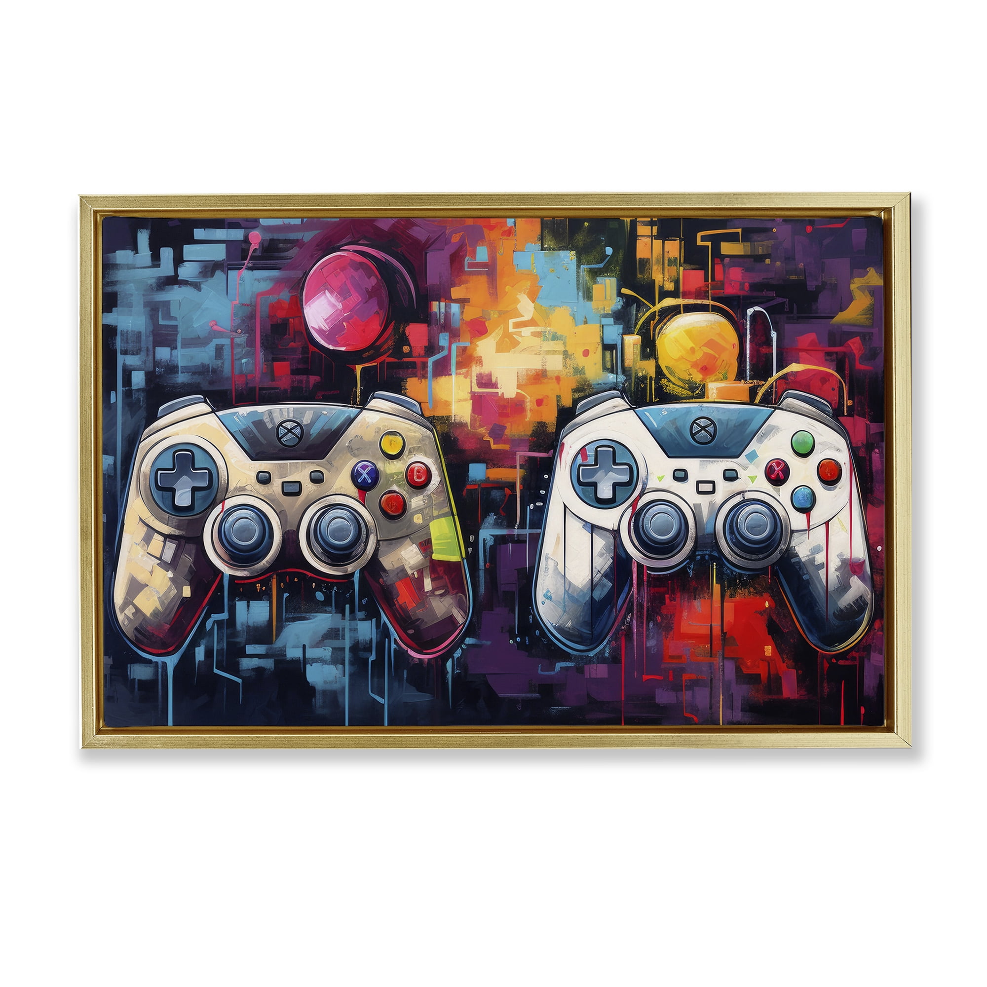 Stupell Industries Double Controller Modern Gamer Gold Framed Floater Canvas Wall Art, design by Lazar Studio
