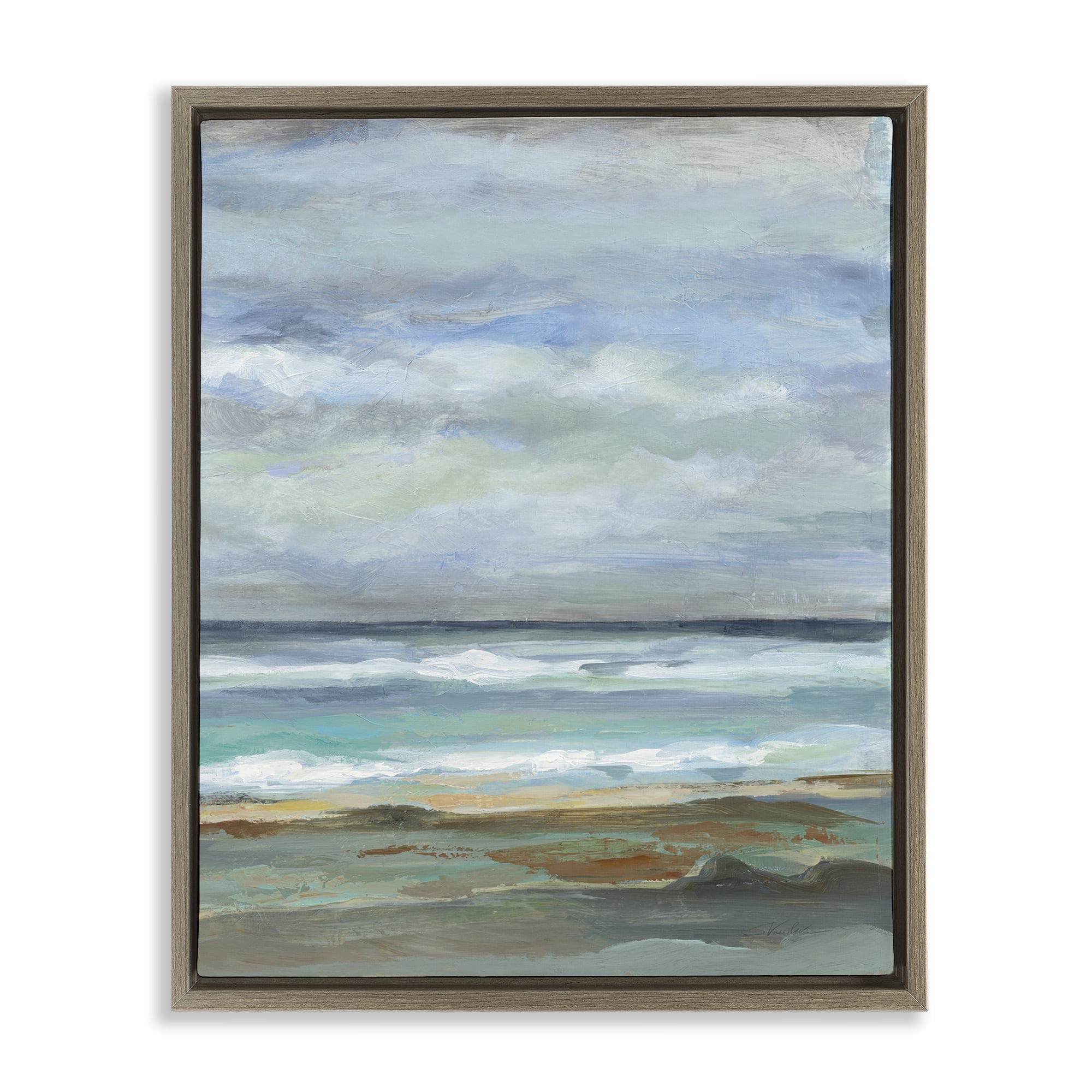 Stupell Industries Double Wave Seashore Nautical & Beach Painting Brown Floater Framed Canvas Art Print Wall Art, 25 x 31