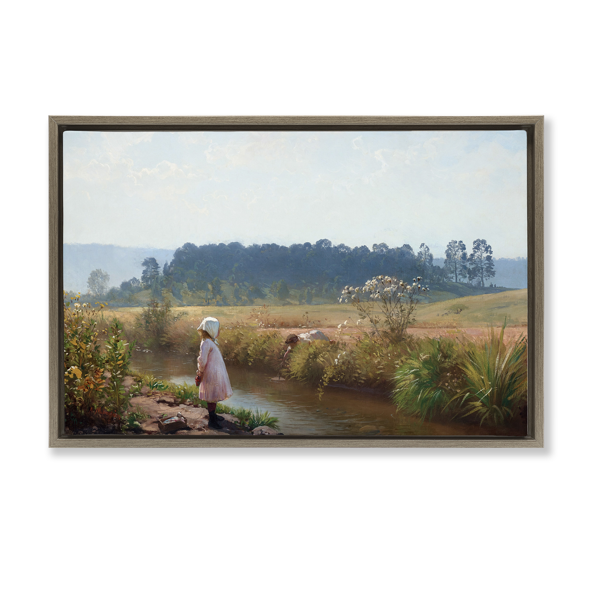 Stupell Industries Down By The River Landscape & Nature Painting Brown Floater Framed Canvas Art Print Wall Art, 31 x 21