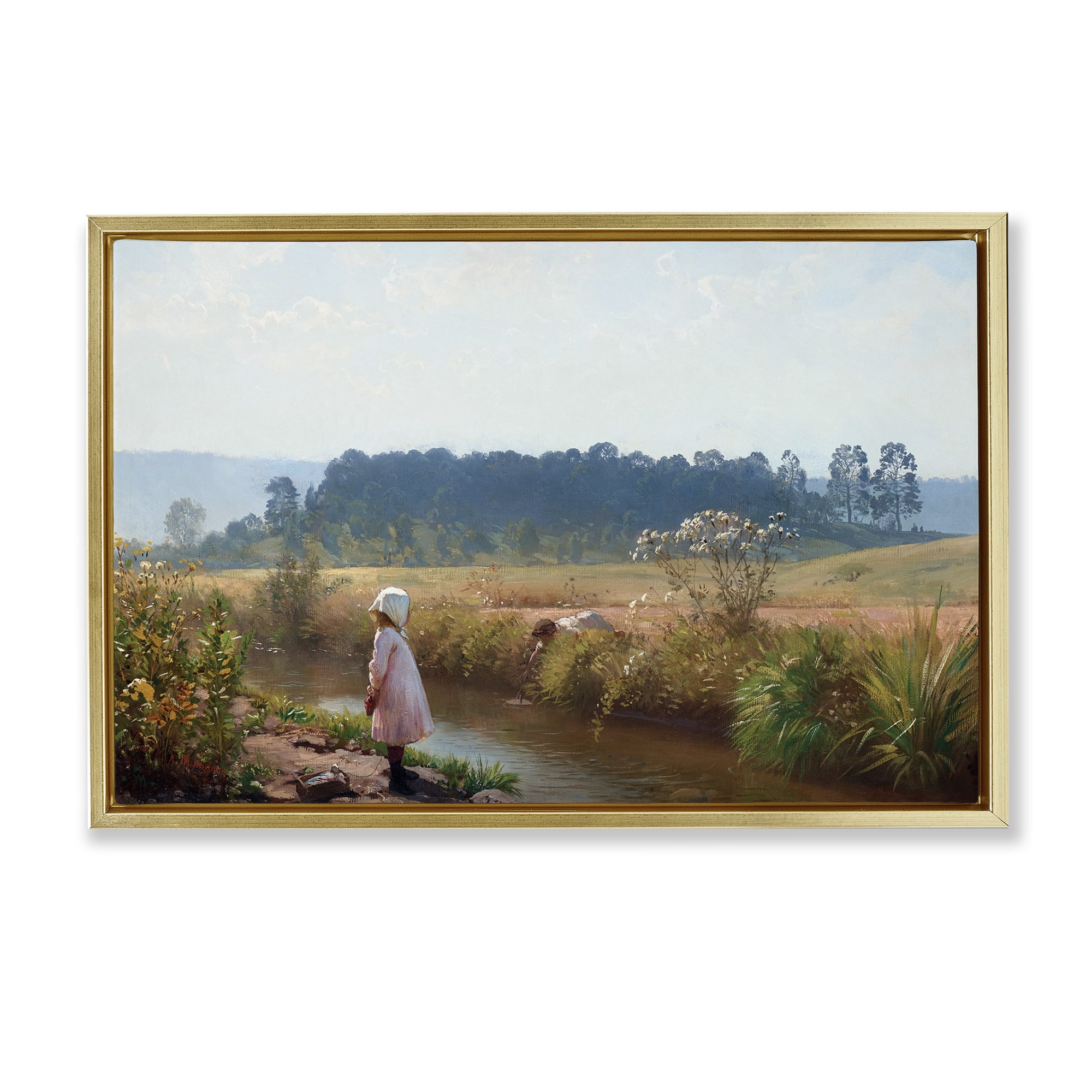 Stupell Industries Down By The River Landscape & Nature Painting Gold Floater Framed Canvas Art Print Wall Art, 31 x 21
