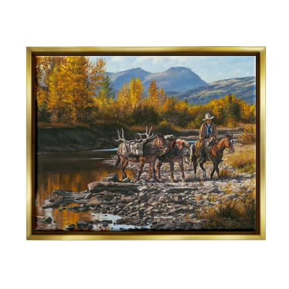 Stupell Industries Down From High Country Cowboy Animals & Insects Painting Gold Floater Framed Art Print Wall Art