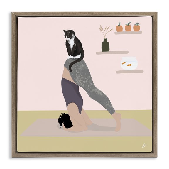 Stupell Industries Downward Cat Yoga Pose People Painting Brown Floater Framed Canvas Art Print Wall Art, 18 x 18