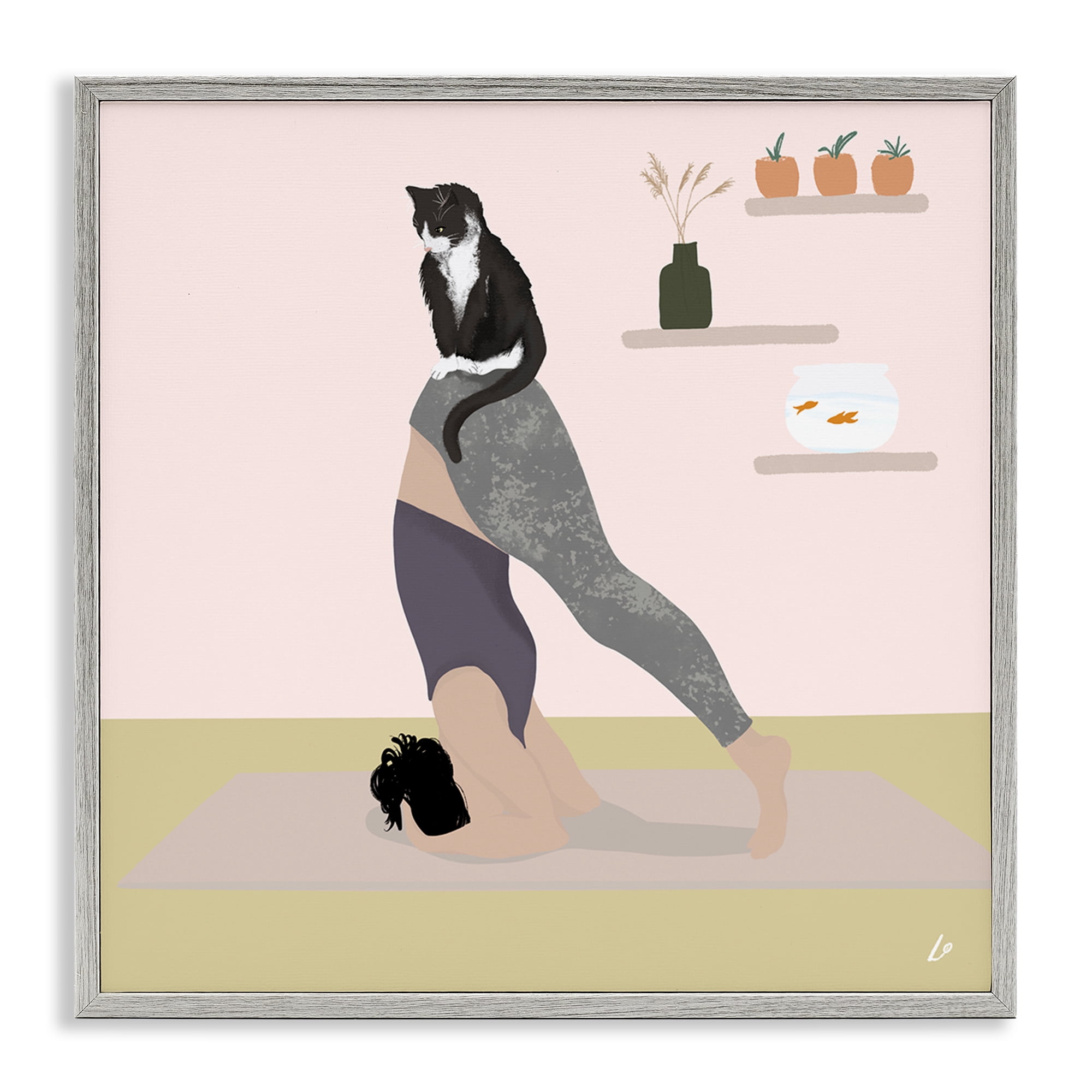 Stupell Industries Downward Cat Yoga Pose People Painting Gray Framed Art Print Wall Art, 24 x 24
