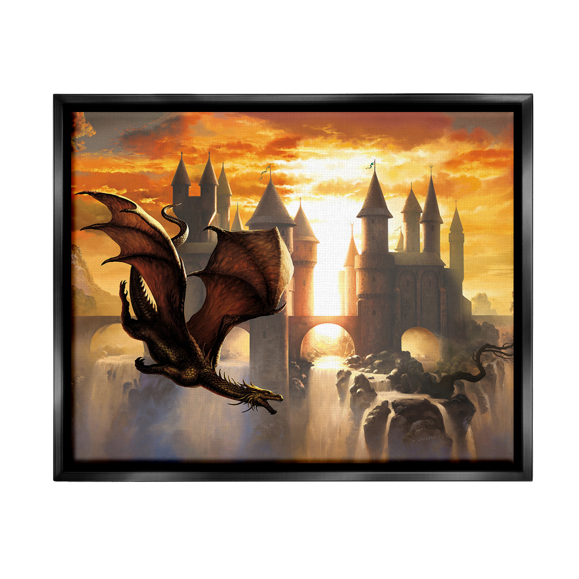 Stupell Industries Dragon & Castle Waterfall Fairy Tales & Fantasy Painting Black Floater Framed Canvas Art Print Wall Art, 21 x 17