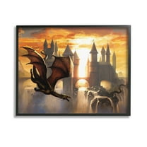 Stupell Industries Dragon & Castle Waterfall Fairy Tales & Fantasy Painting Black Framed Art Print Wall Art, 14 x 11