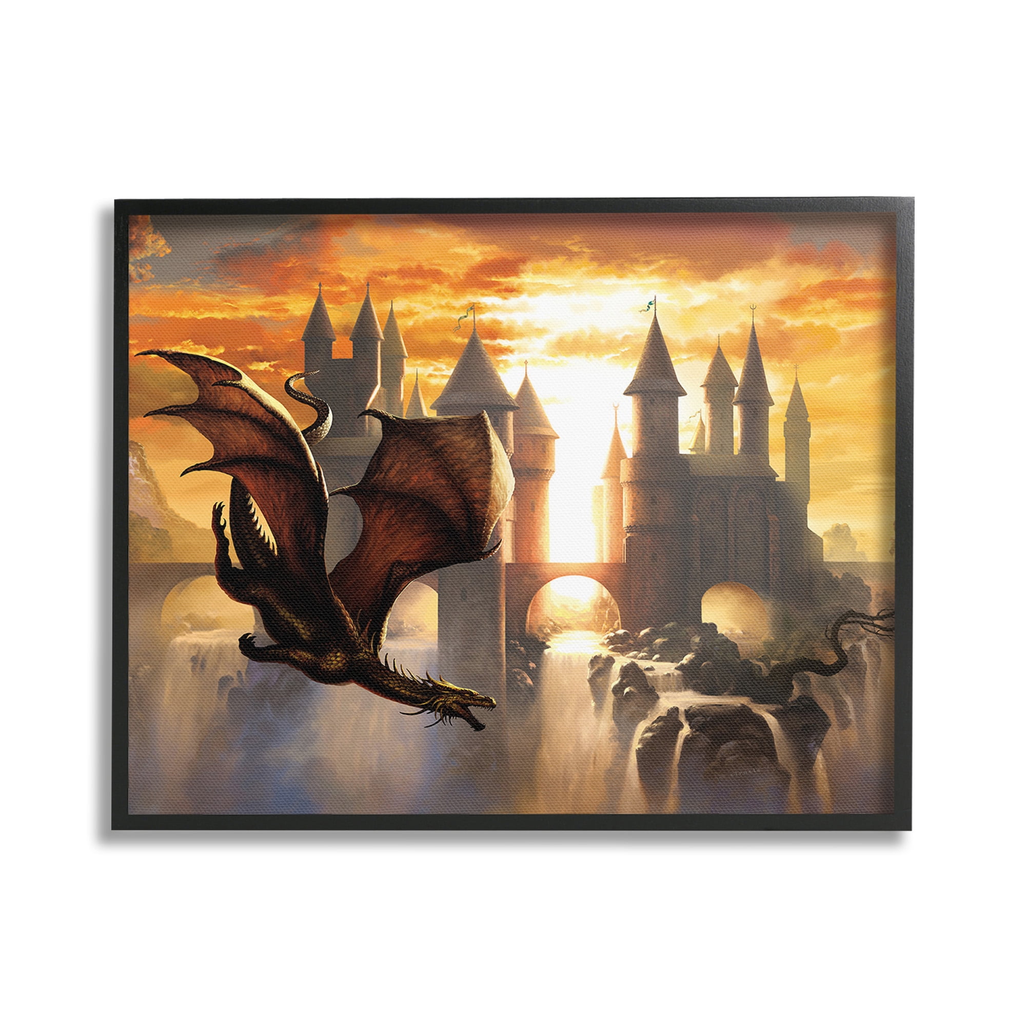 Stupell Industries Dragon & Castle Waterfall Fairy Tales & Fantasy Painting Black Framed Art Print Wall Art, 20 x 16