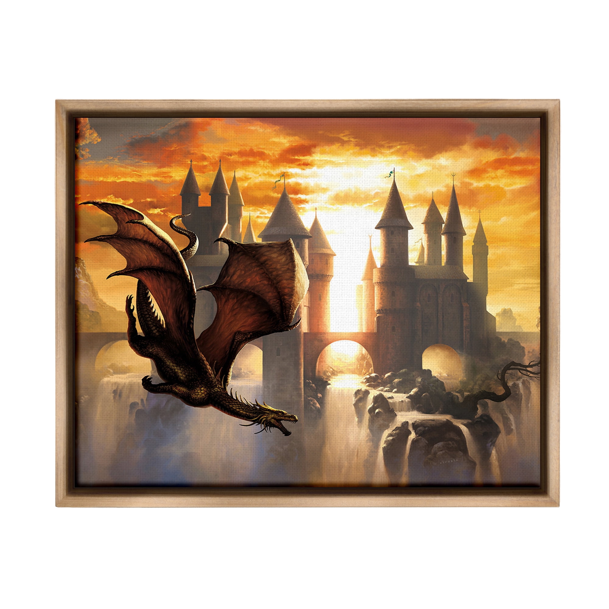 Stupell Industries Dragon & Castle Waterfall Fairy Tales & Fantasy Painting Brown Floater Framed Canvas Art Print Wall Art, 21 x 17
