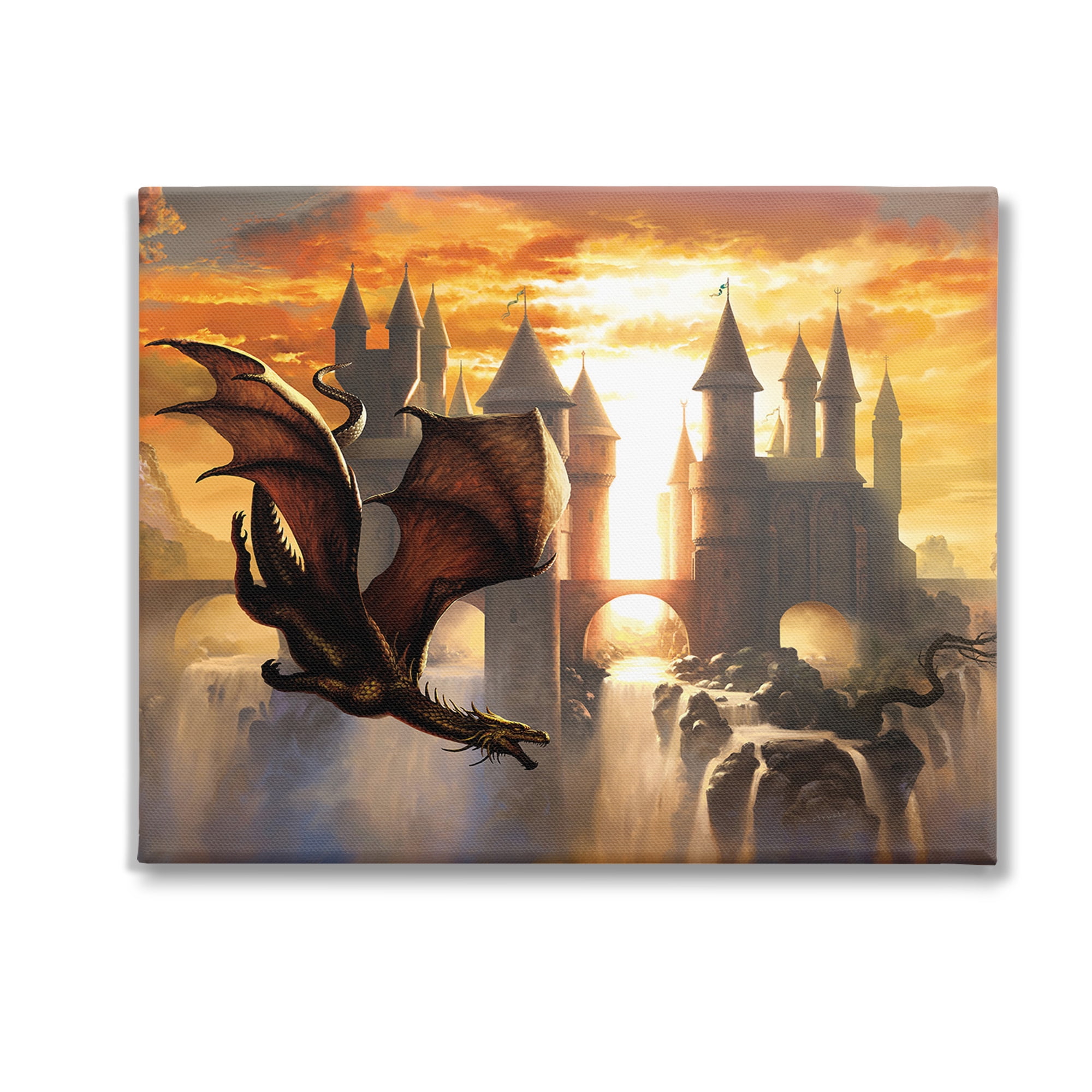 Stupell Industries Dragon & Castle Waterfall Fairy Tales & Fantasy Painting Gallery Wrapped Canvas Art Print Wall Art, 20 x 16