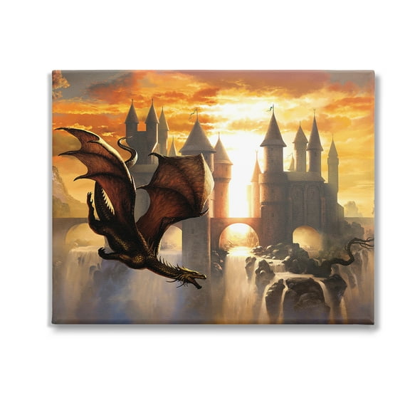 Stupell Industries Dragon & Castle Waterfall Fairy Tales & Fantasy Painting Gallery Wrapped Canvas Art Print Wall Art, 30 x 24