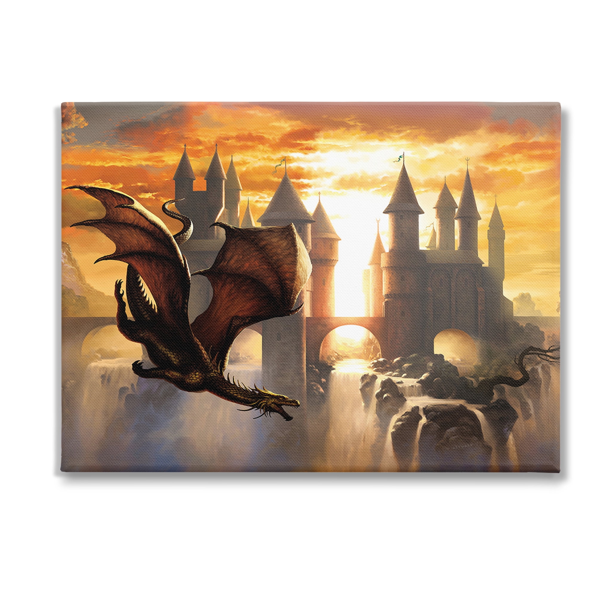 Stupell Industries Dragon & Castle Waterfall Fairy Tales & Fantasy Painting Gallery Wrapped Canvas Art Print Wall Art, 40 x 30