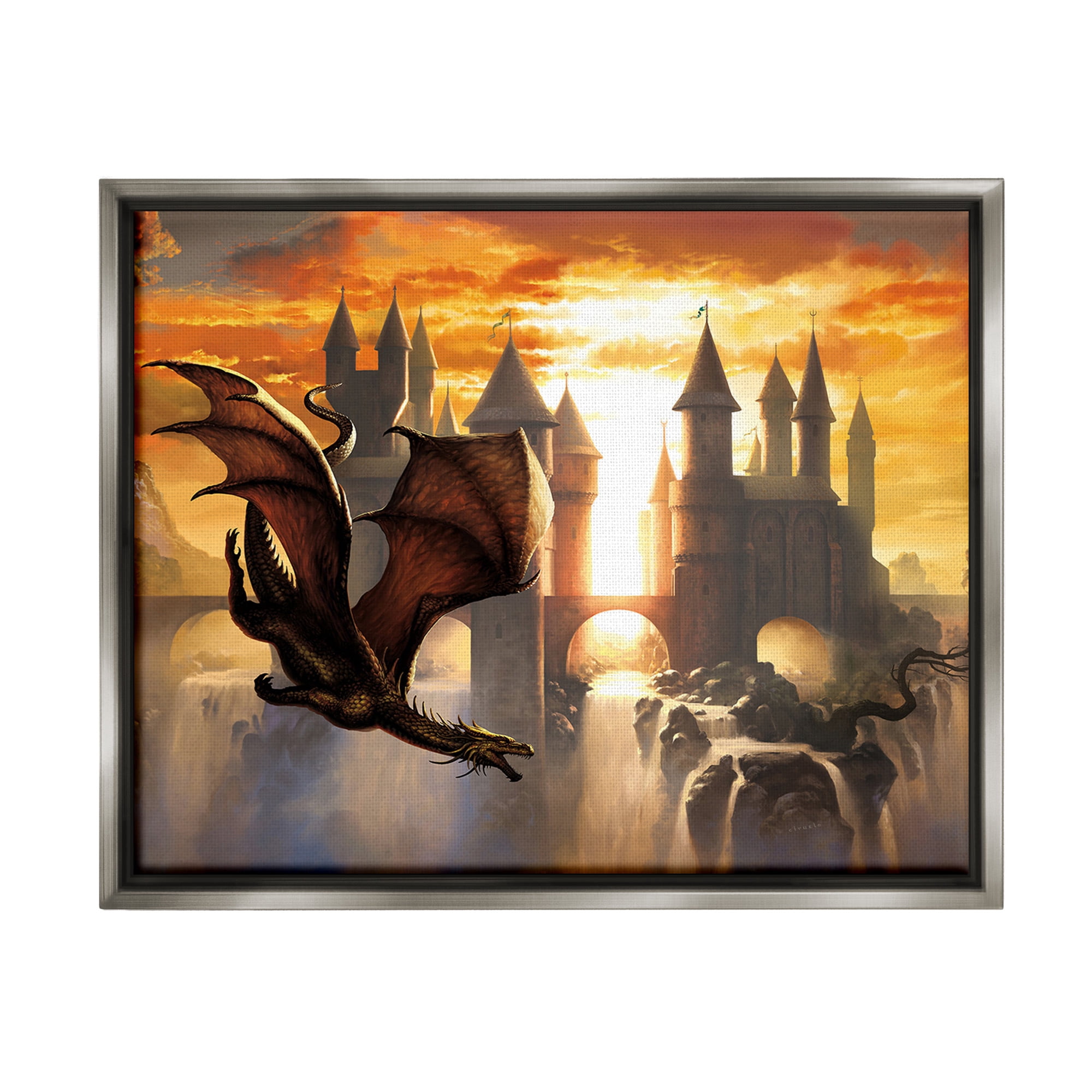 Stupell Industries Dragon & Castle Waterfall Fairy Tales & Fantasy Painting Gray Floater Framed Canvas Art Print Wall Art, 31 x 25