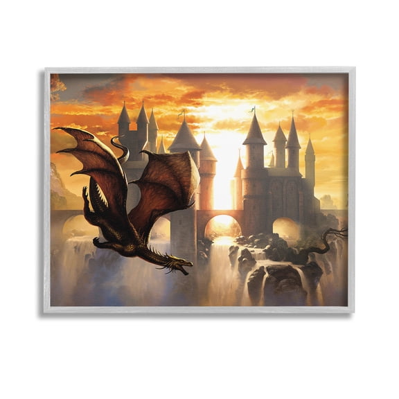 Stupell Industries Dragon & Castle Waterfall Fairy Tales & Fantasy Painting Gray Framed Art Print Wall Art, 14 x 11