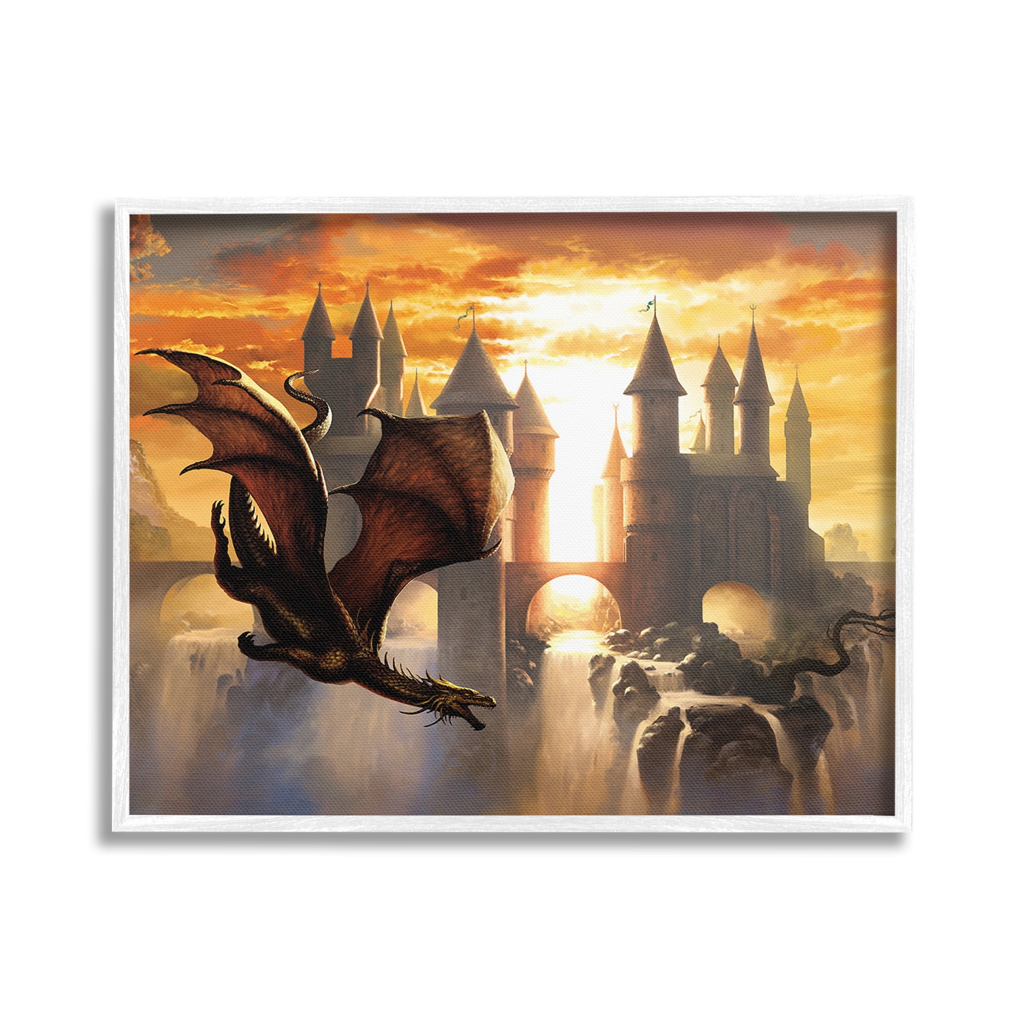 Stupell Industries Dragon & Castle Waterfall Fairy Tales & Fantasy Painting White Framed Art Print Wall Art, 20 x 16
