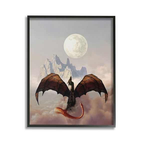 Stupell Industries Dragon & Full Moon Fairy Tales & Fantasy Painting Black Framed Art Print Wall Art, 16 x 20
