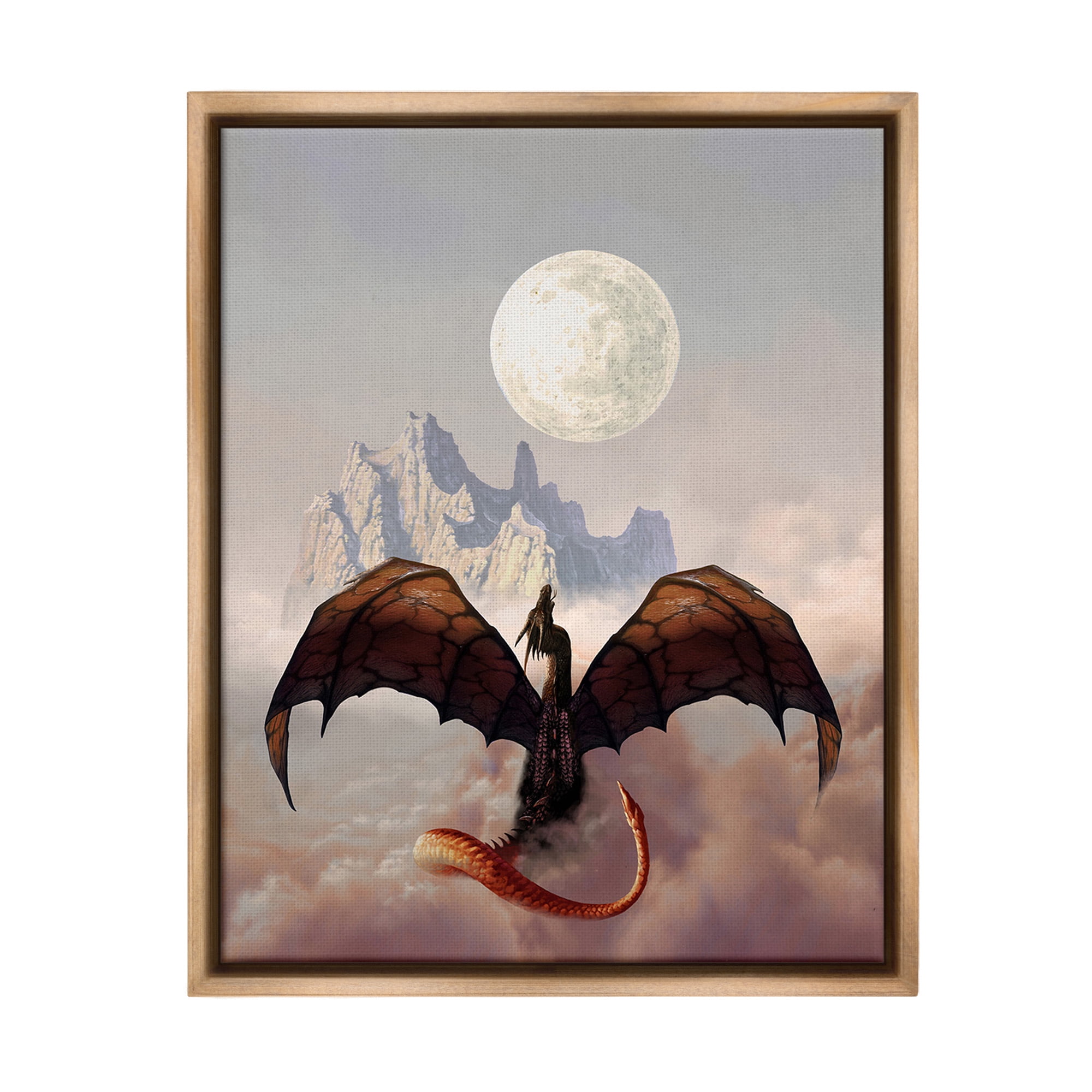 Stupell Industries Dragon & Full Moon Fairy Tales & Fantasy Painting Brown Floater Framed Canvas Art Print Wall Art, 17 x 21