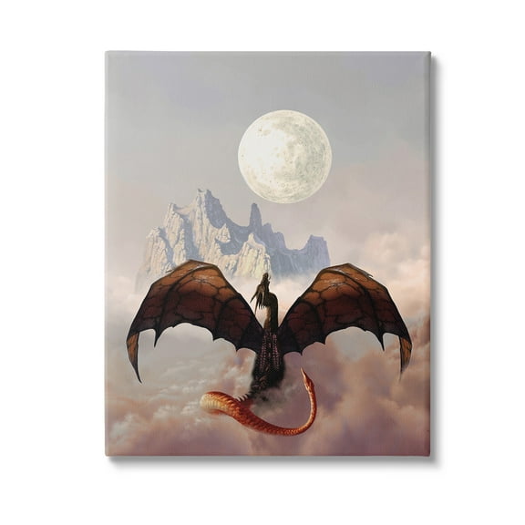 Stupell Industries Dragon & Full Moon Fairy Tales & Fantasy Painting Gallery Wrapped Canvas Art Print Wall Art, 16 x 20