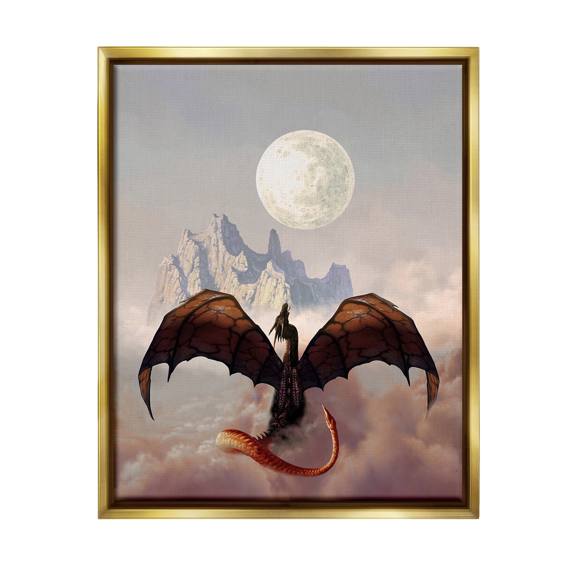 Stupell Industries Dragon & Full Moon Fairy Tales & Fantasy Painting Gold Floater Framed Canvas Art Print Wall Art, 25 x 31