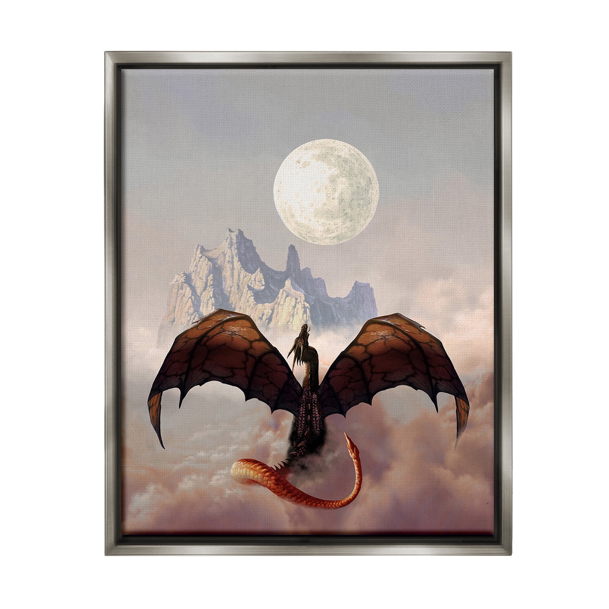 Stupell Industries Dragon & Full Moon Fairy Tales & Fantasy Painting Gray Floater Framed Canvas Art Print Wall Art, 17 x 21