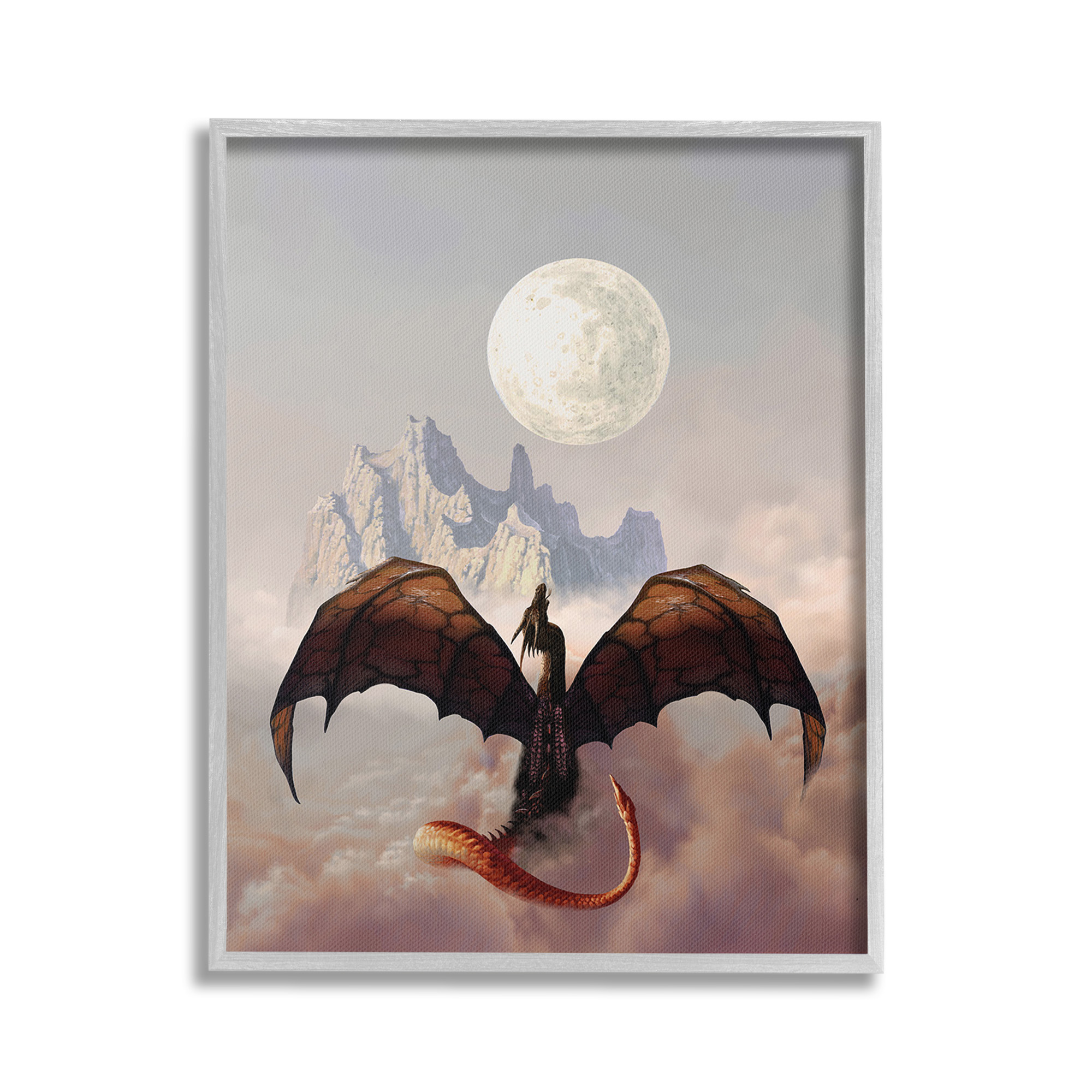 Stupell Industries Dragon & Full Moon Fairy Tales & Fantasy Painting Gray Framed Art Print Wall Art, 24 x 30