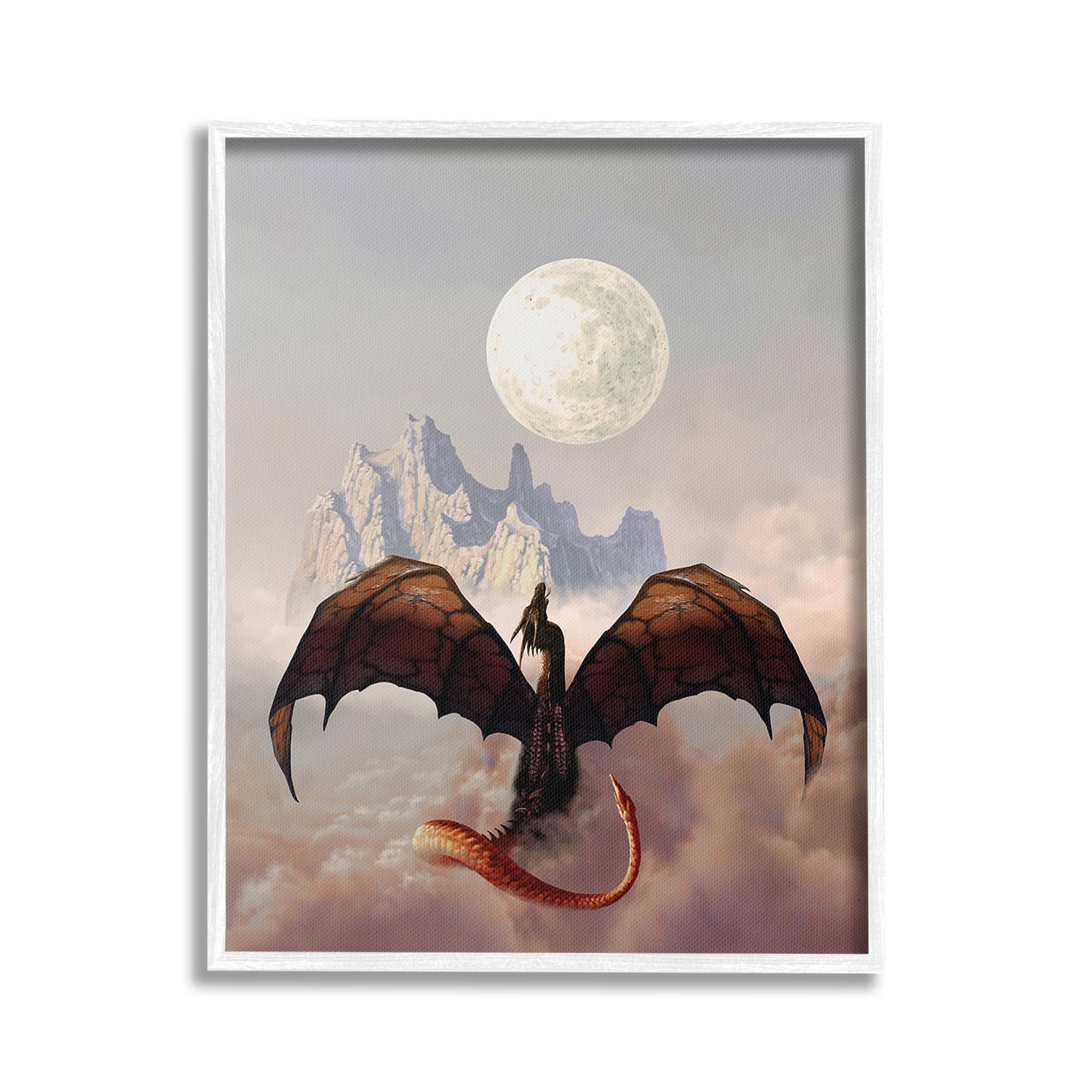 Stupell Industries Dragon & Full Moon Fairy Tales & Fantasy Painting White Framed Art Print Wall Art, 24 x 30