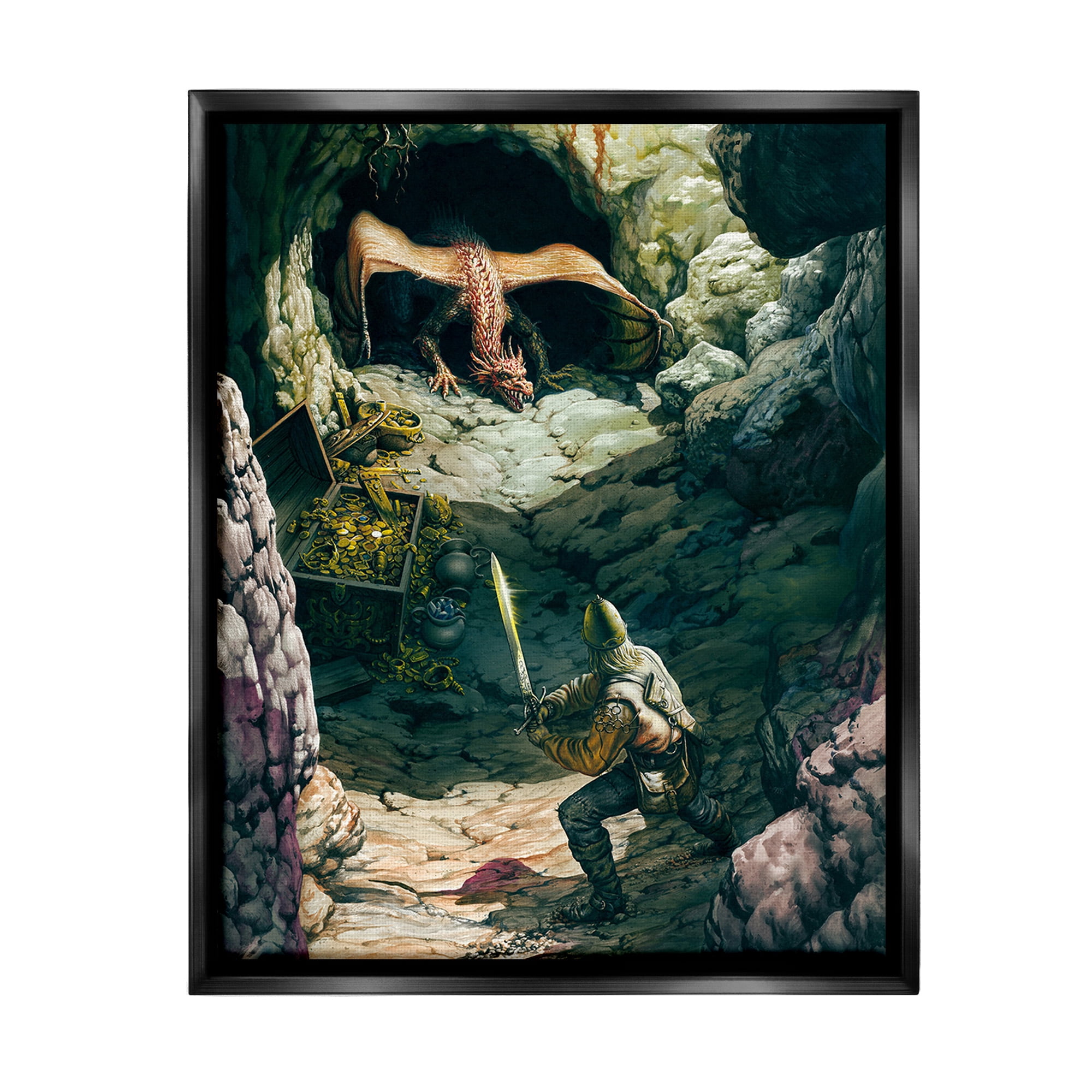 Stupell Industries Dragon & Knight Battle Fairy Tales & Fantasy Painting Black Floater Framed Canvas Art Print Wall Art, 25 x 31