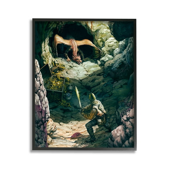 Stupell Industries Dragon & Knight Battle Fairy Tales & Fantasy Painting Black Framed Art Print Wall Art, 11 x 14