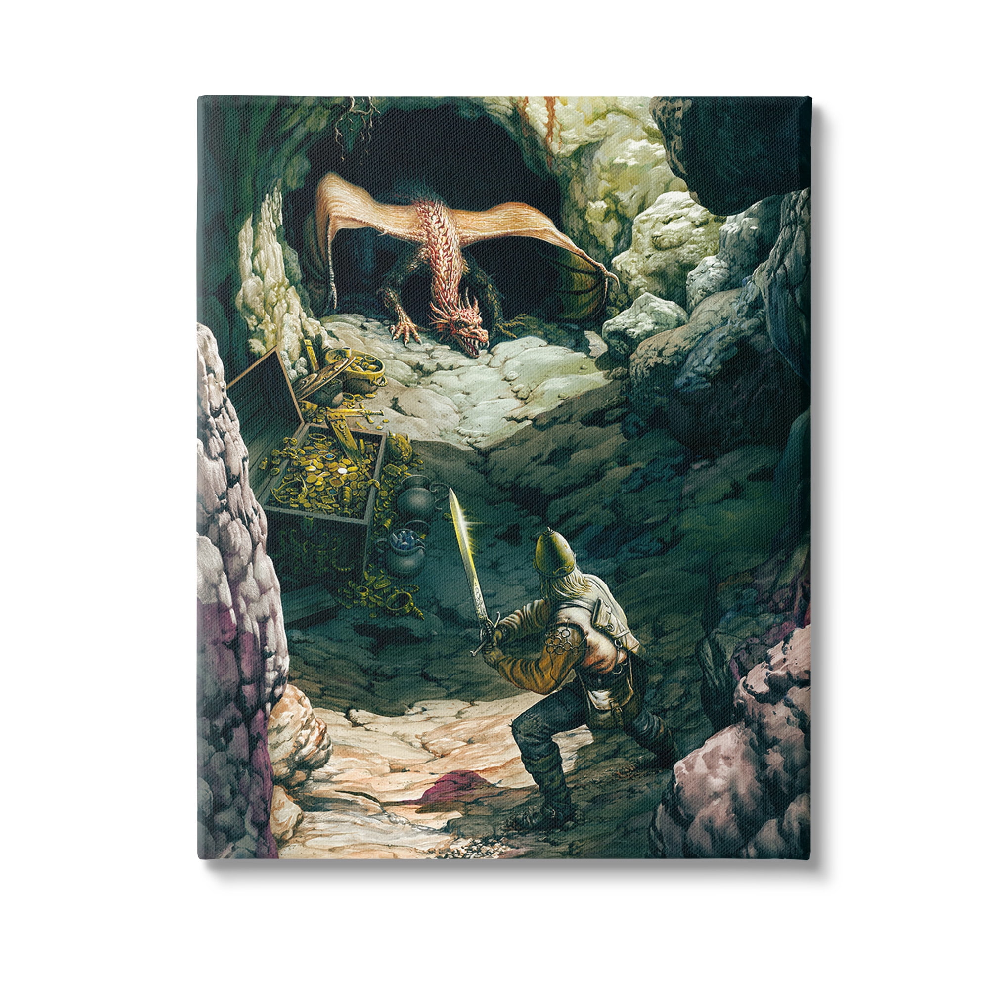 Stupell Industries Dragon & Knight Battle Fairy Tales & Fantasy Painting Gallery Wrapped Canvas Art Print Wall Art, 36 x 48