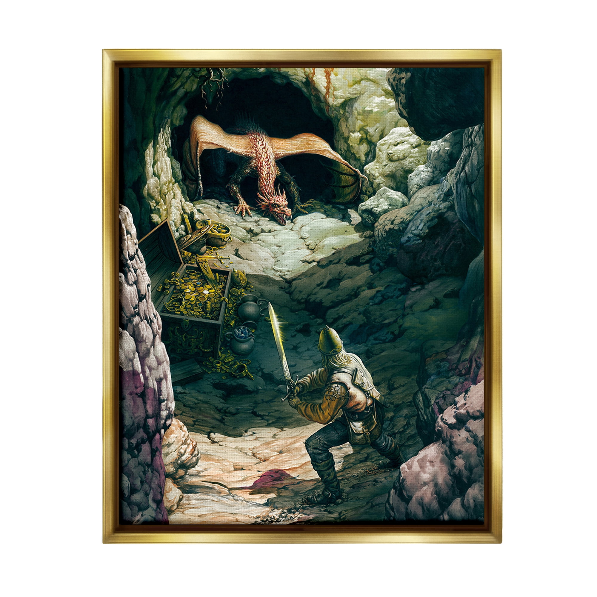 Stupell Industries Dragon & Knight Battle Fairy Tales & Fantasy Painting Gold Floater Framed Canvas Art Print Wall Art, 17 x 21