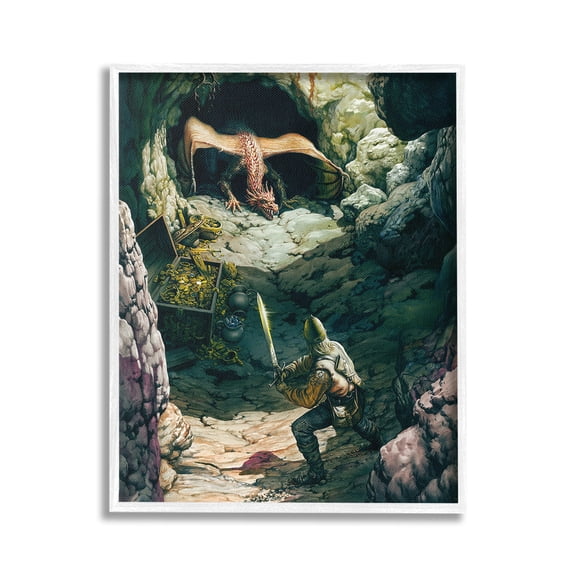 Stupell Industries Dragon & Knight Battle Fairy Tales & Fantasy Painting White Framed Art Print Wall Art, 24 x 30