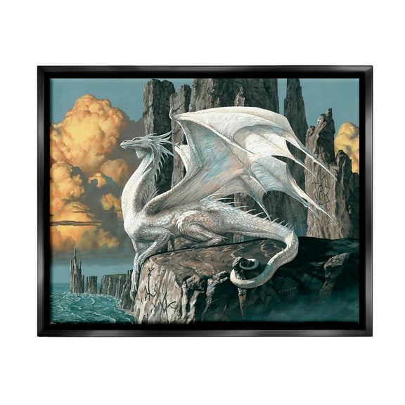 Stupell Industries Dragon Perched on Cliff Fairy Tales & Fantasy Painting Black Floater Framed Canvas Art Print Wall Art, 21 x 17