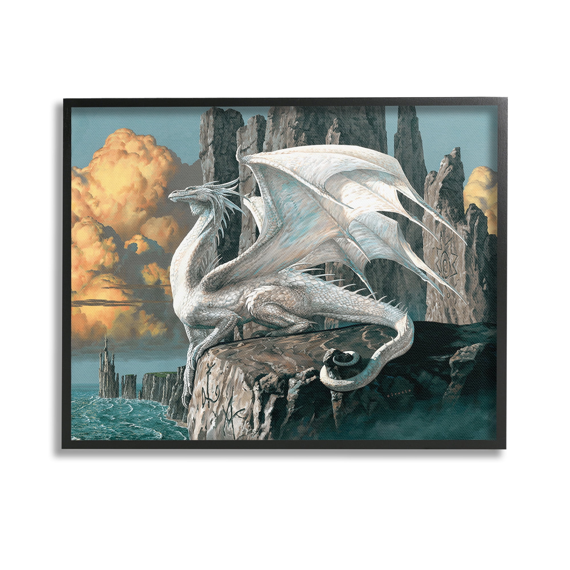 Stupell Industries Dragon Perched on Cliff Fairy Tales & Fantasy Painting Black Framed Art Print Wall Art, 14 x 11