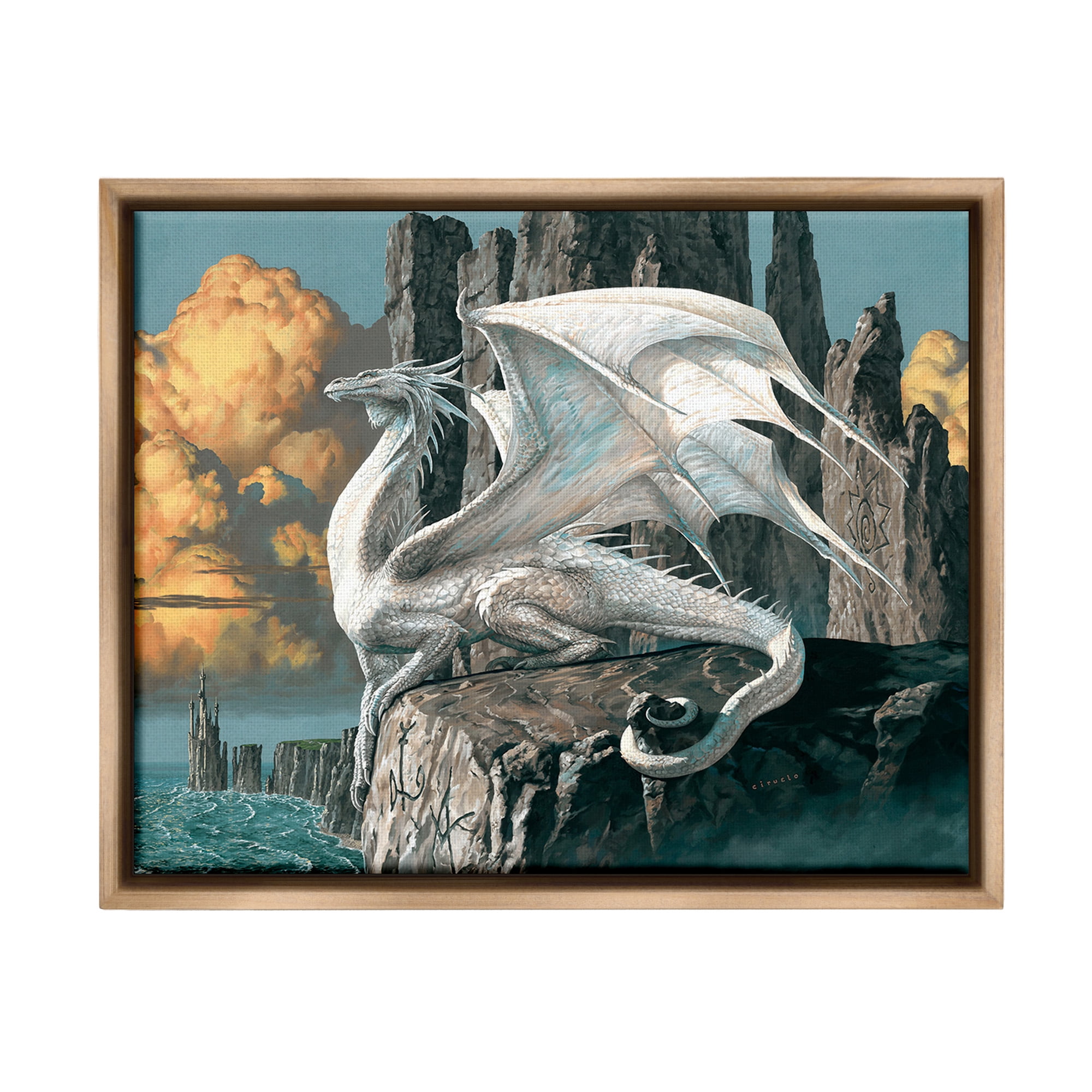 Stupell Industries Dragon Perched on Cliff Fairy Tales & Fantasy Painting Brown Floater Framed Canvas Art Print Wall Art, 21 x 17