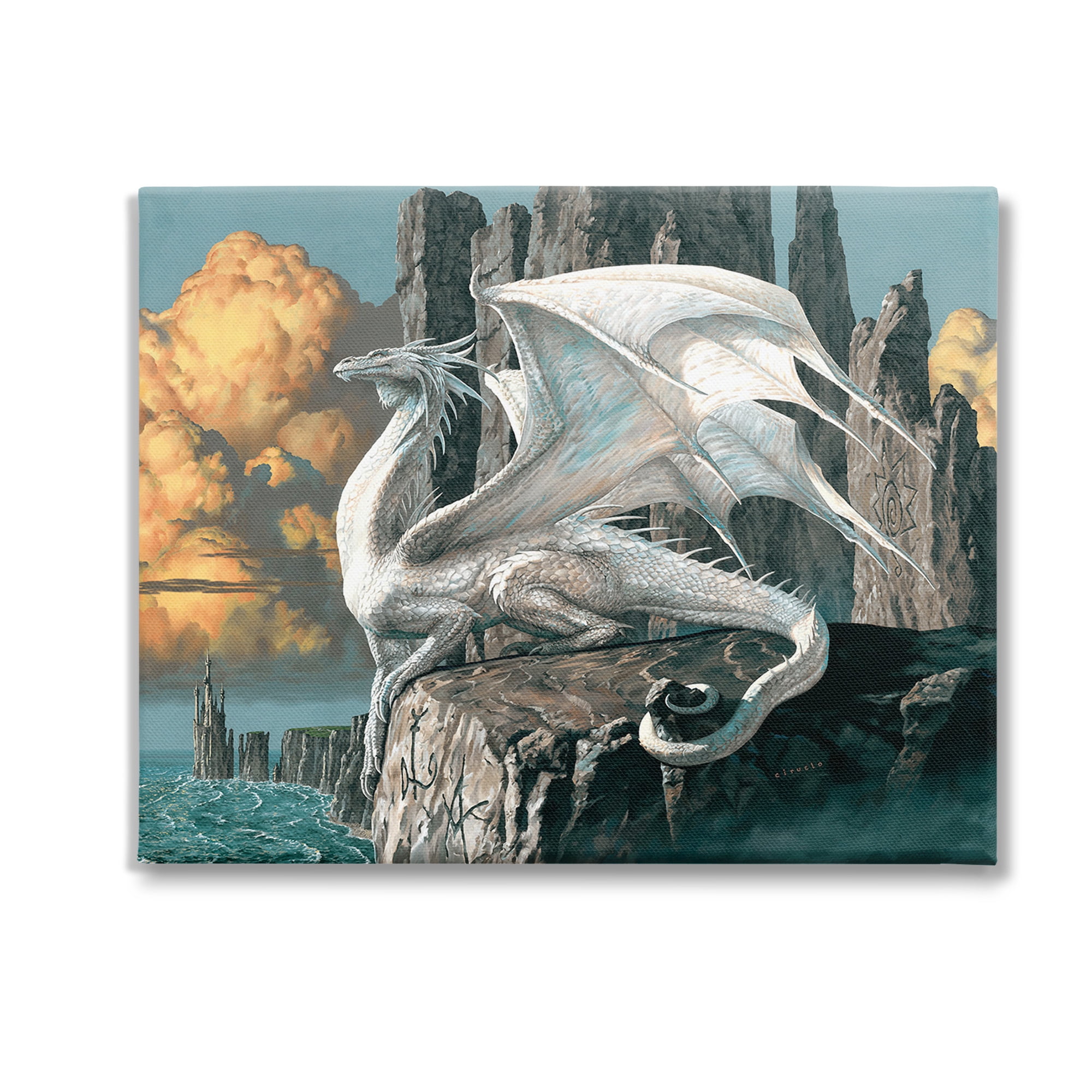Stupell Industries Dragon Perched on Cliff Fairy Tales & Fantasy Painting Gallery Wrapped Canvas Art Print Wall Art, 20 x 16