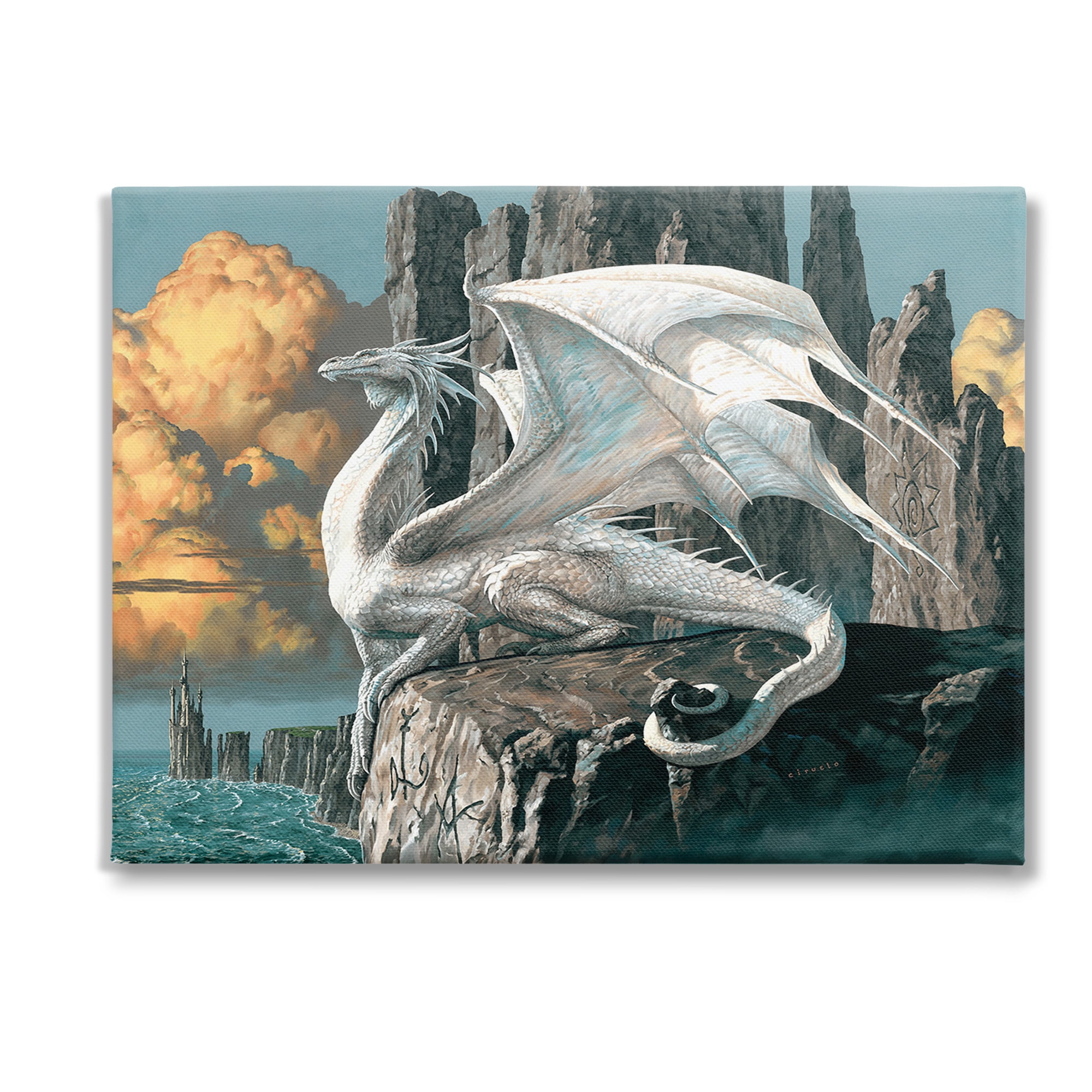Stupell Industries Dragon Perched on Cliff Fairy Tales & Fantasy Painting Gallery Wrapped Canvas Art Print Wall Art, 40 x 30