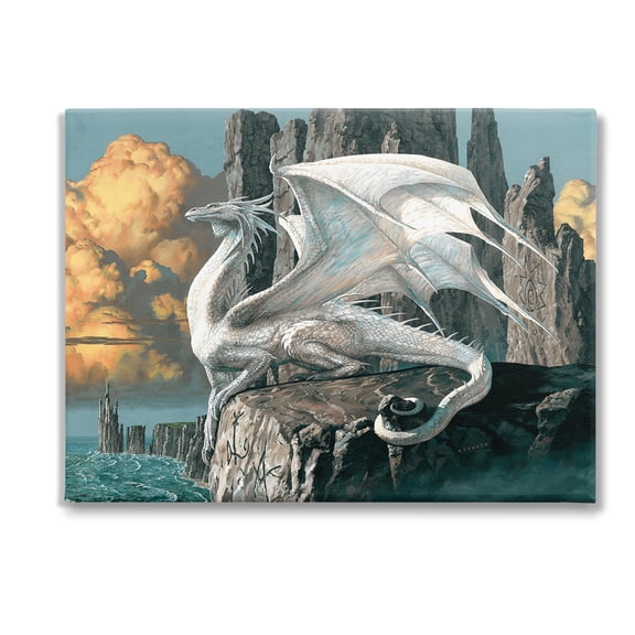 Stupell Industries Dragon Perched on Cliff Fairy Tales & Fantasy Painting Gallery Wrapped Canvas Art Print Wall Art, 48 x 36