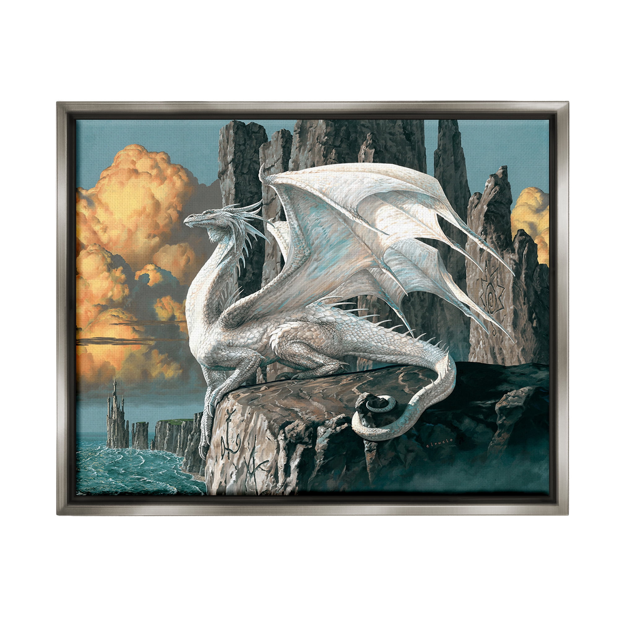 Stupell Industries Dragon Perched on Cliff Fairy Tales & Fantasy Painting Gray Floater Framed Canvas Art Print Wall Art, 21 x 17