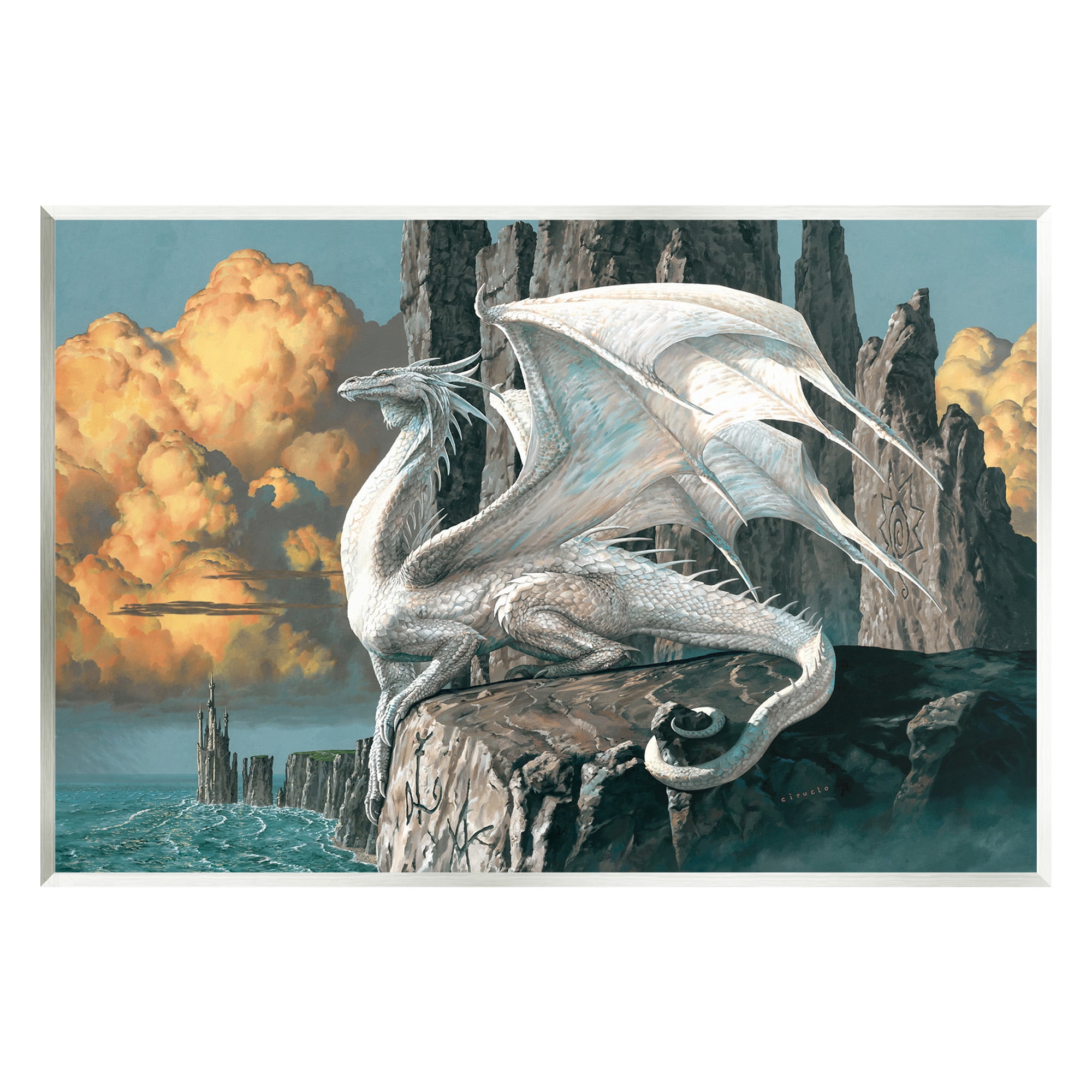 Stupell Industries Dragon Perched on Cliff Fairy Tales & Fantasy Painting Unframed Art Print Wall Art, 19 x 13