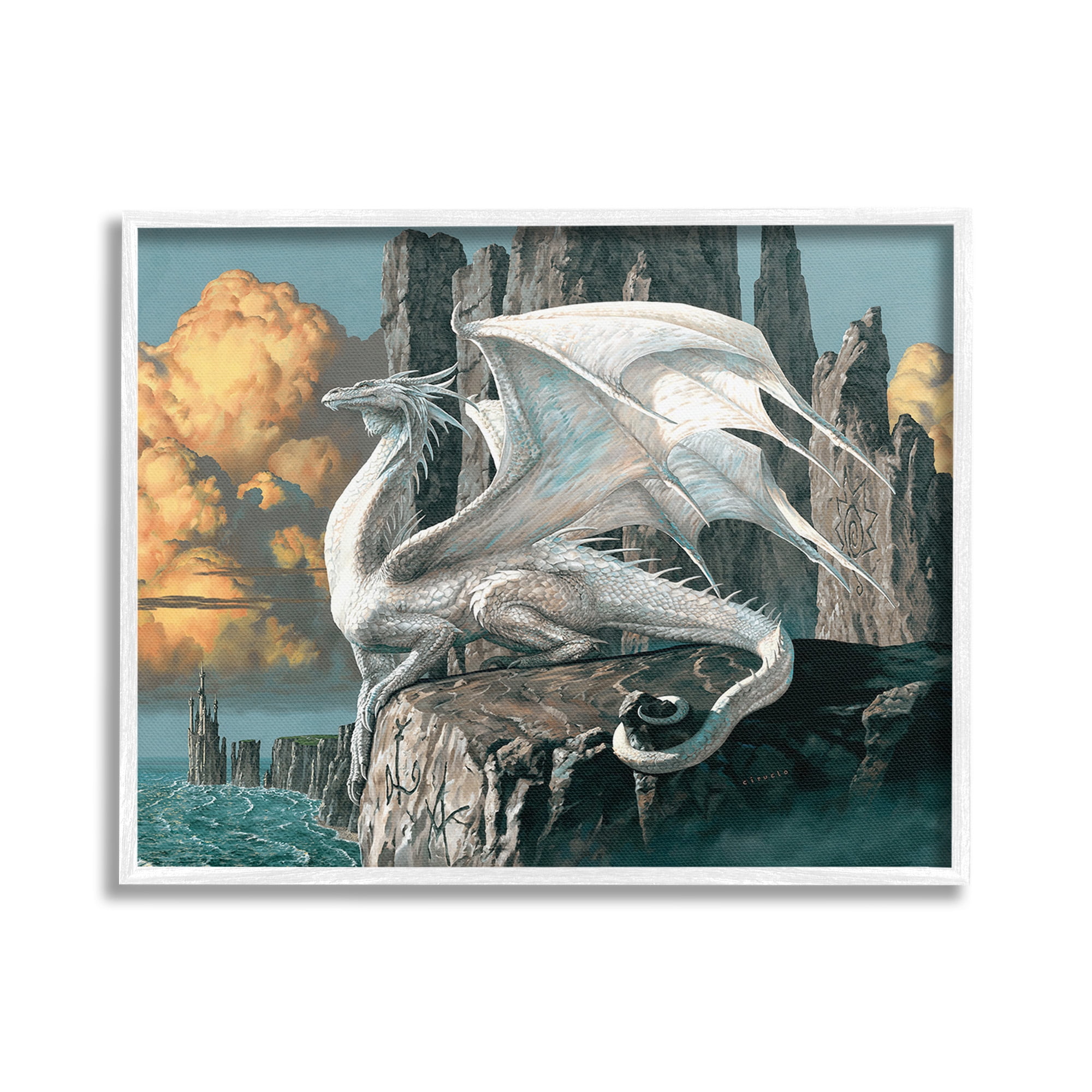Stupell Industries Dragon Perched on Cliff Fairy Tales & Fantasy Painting White Framed Art Print Wall Art, 20 x 16