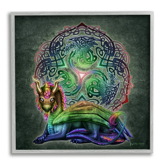 Stupell Industries Dragon on Celtic Pattern Fairy Tales & Fantasy Painting Gray Framed Art Print Wall Art, 12 x 12