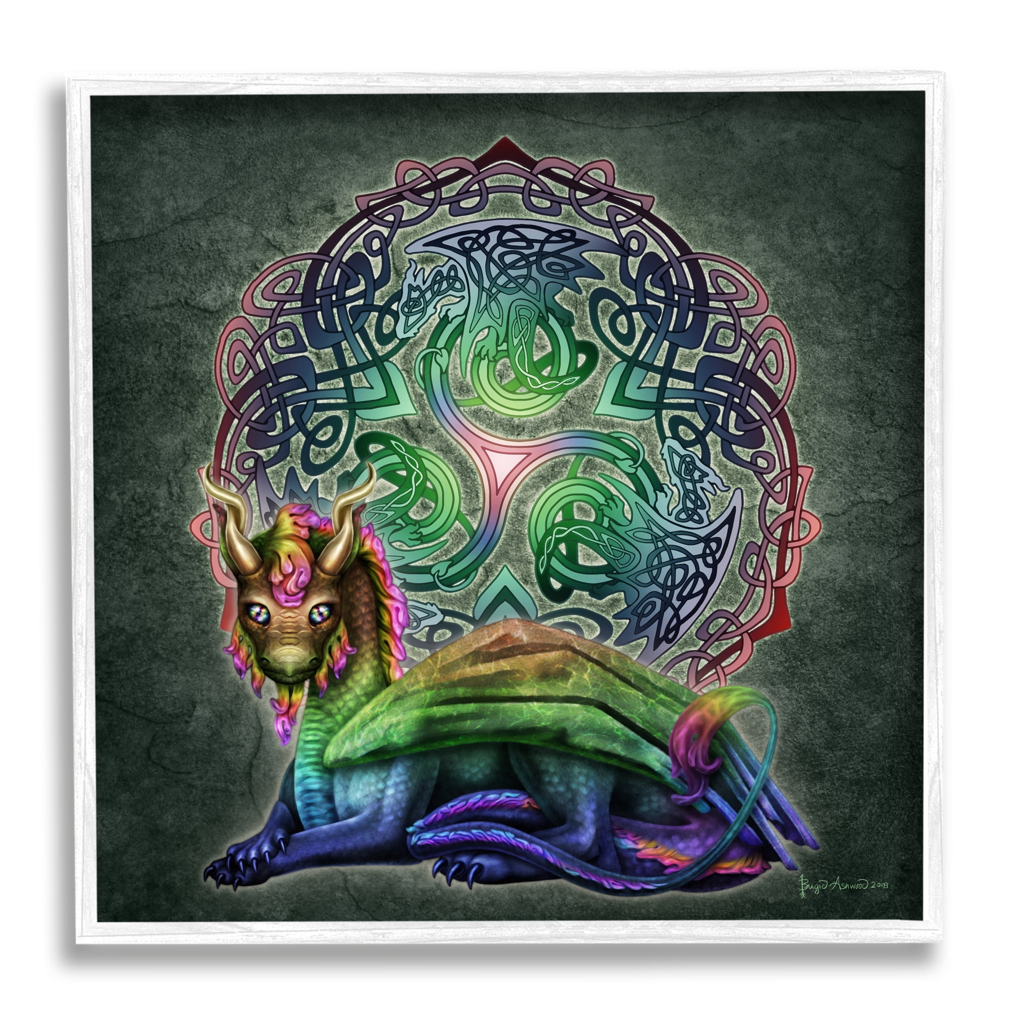 Stupell Industries Dragon on Celtic Pattern Fairy Tales & Fantasy Painting White Framed Art Print Wall Art, 17 x 17