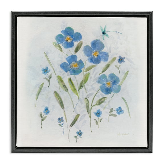Stupell Industries Dragonfly & Blue Florals Plants & Flowers Painting Black Floater Framed Canvas Art Print Wall Art, 18 x 18