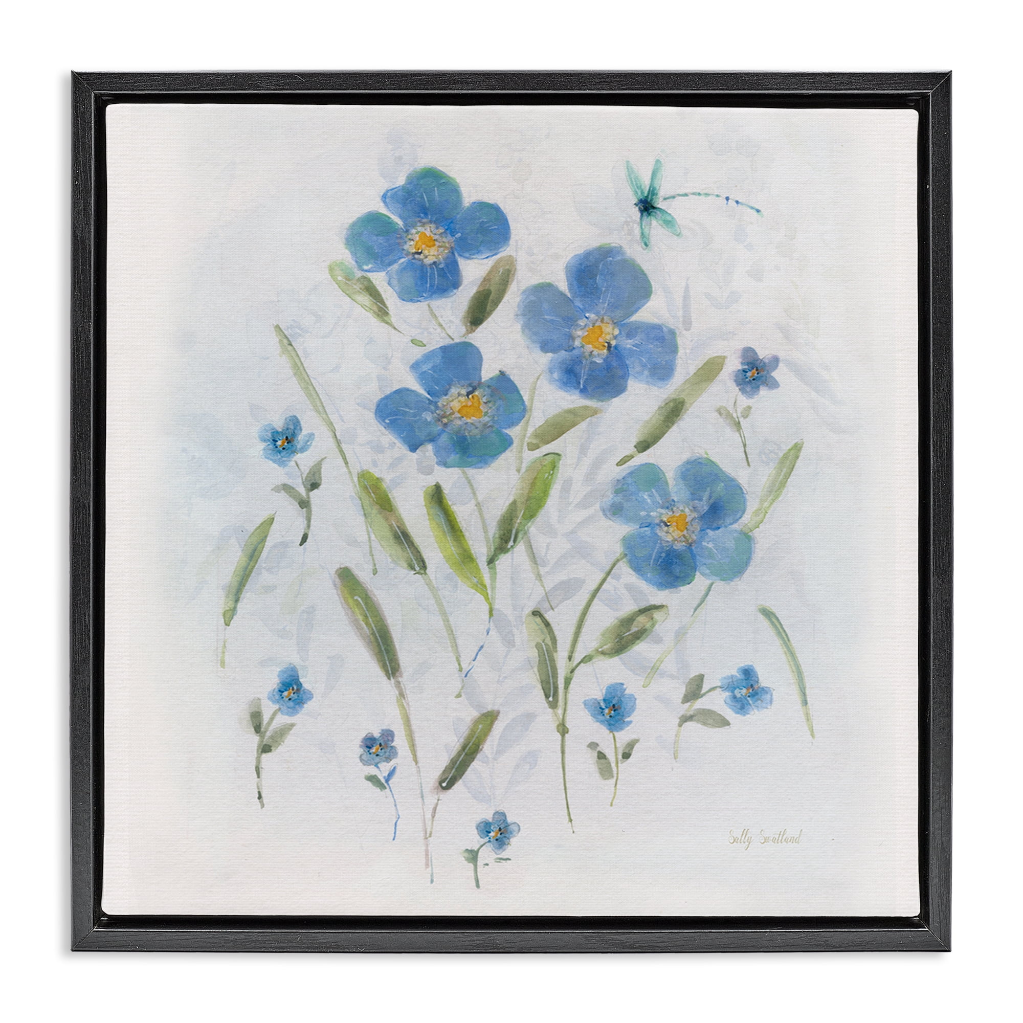 Stupell Industries Dragonfly & Blue Florals Plants & Flowers Painting Black Floater Framed Canvas Art Print Wall Art, 25 x 25