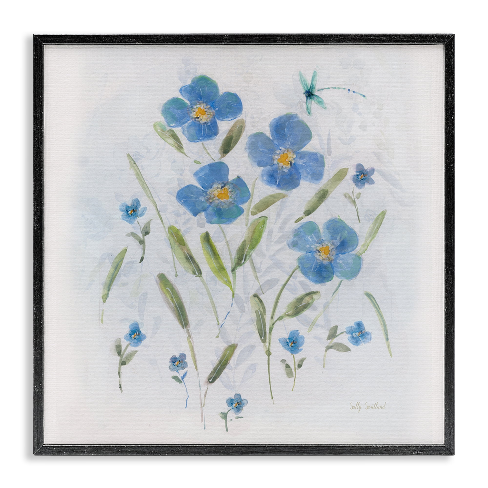 Stupell Industries Dragonfly & Blue Florals Plants & Flowers Painting Black Framed Art Print Wall Art, 17 x 17