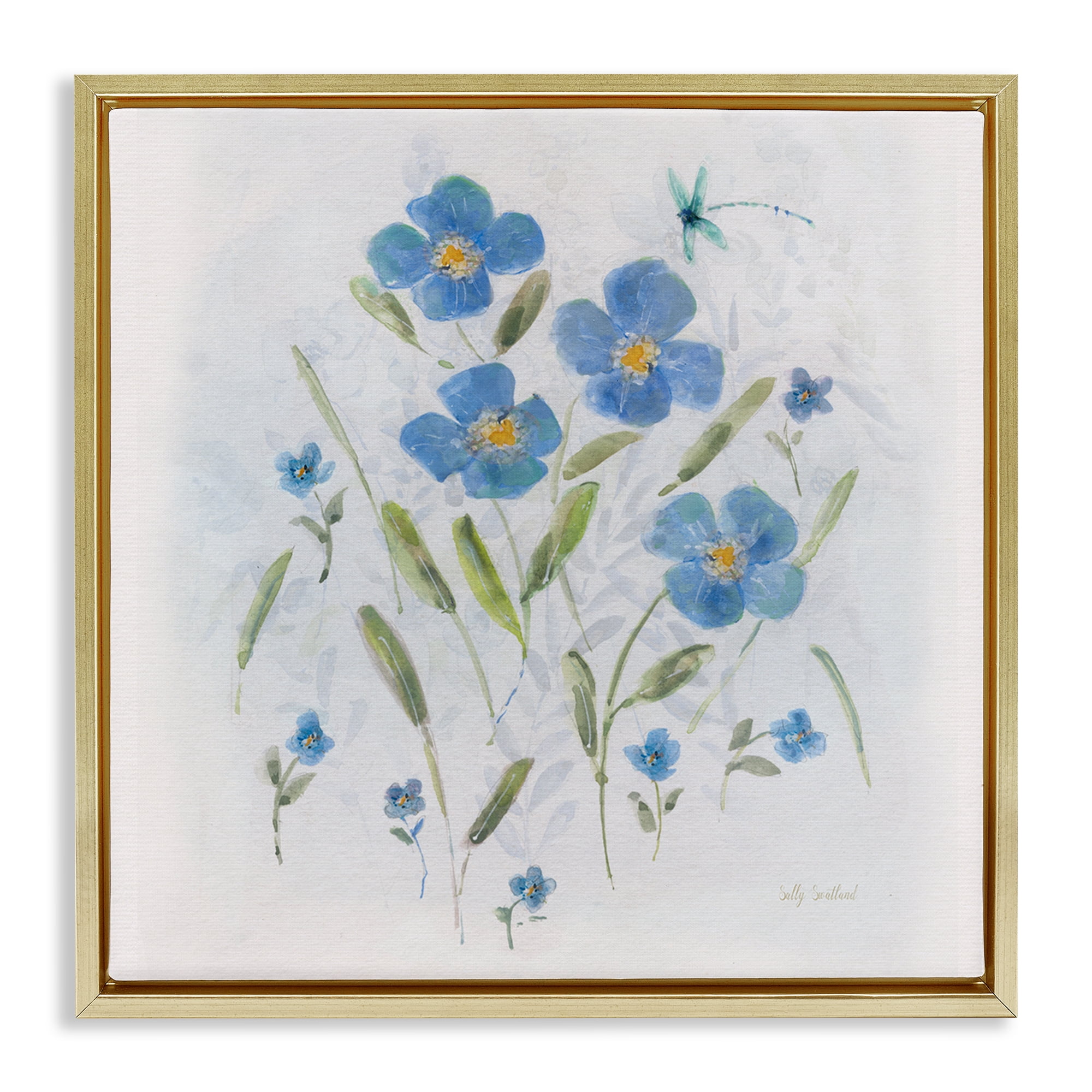 Stupell Industries Dragonfly & Blue Florals Plants & Flowers Painting Gold Floater Framed Canvas Art Print Wall Art, 18 x 18